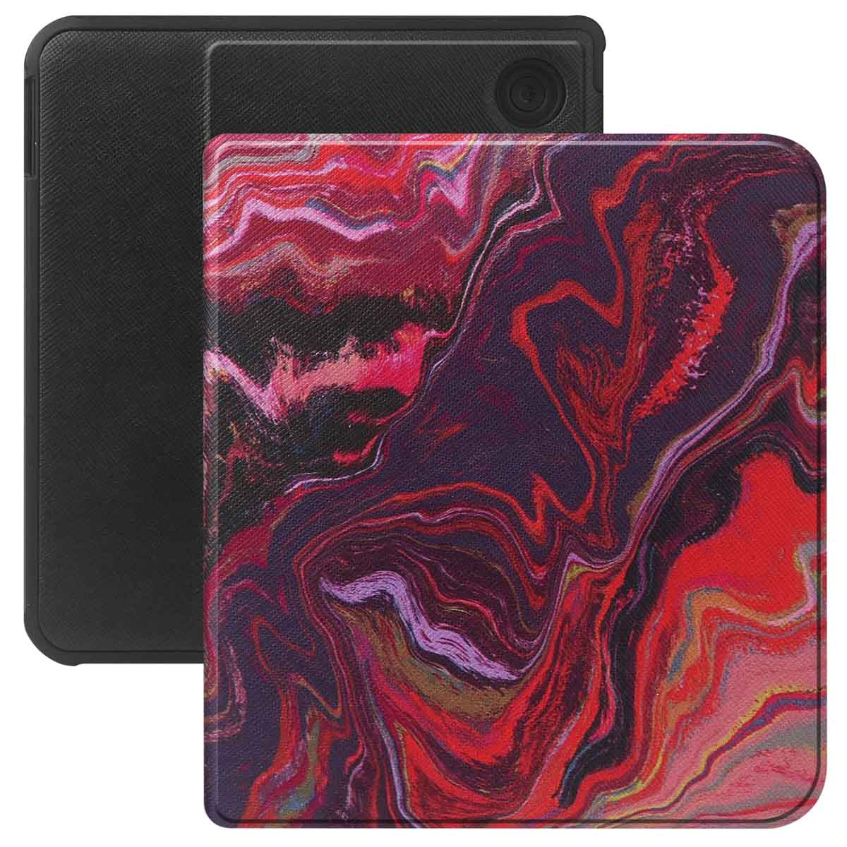 Deux étuis pour tablettes, un noir et un avec un motif marbré rouge et violet.