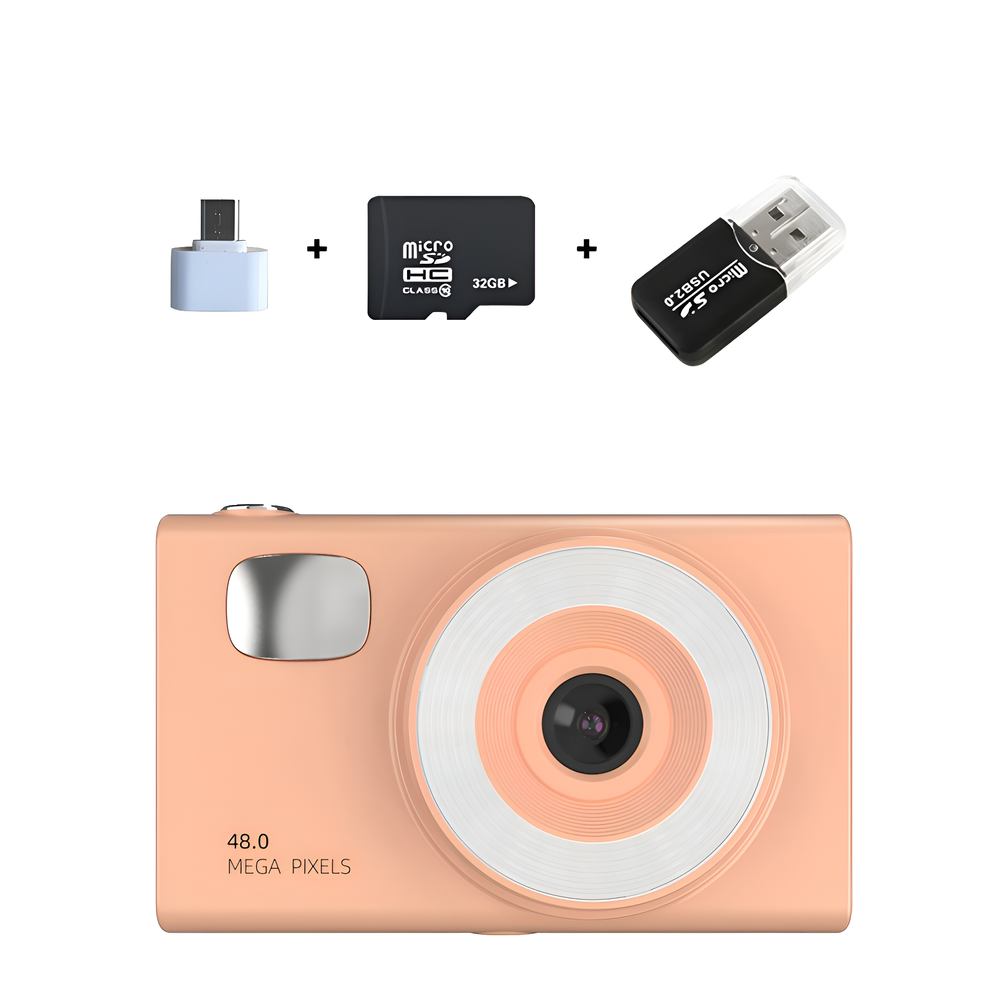 Eine Kamera, eine Micro-SD-Karte, ein Kartenleser und ein USB-Adapter.
