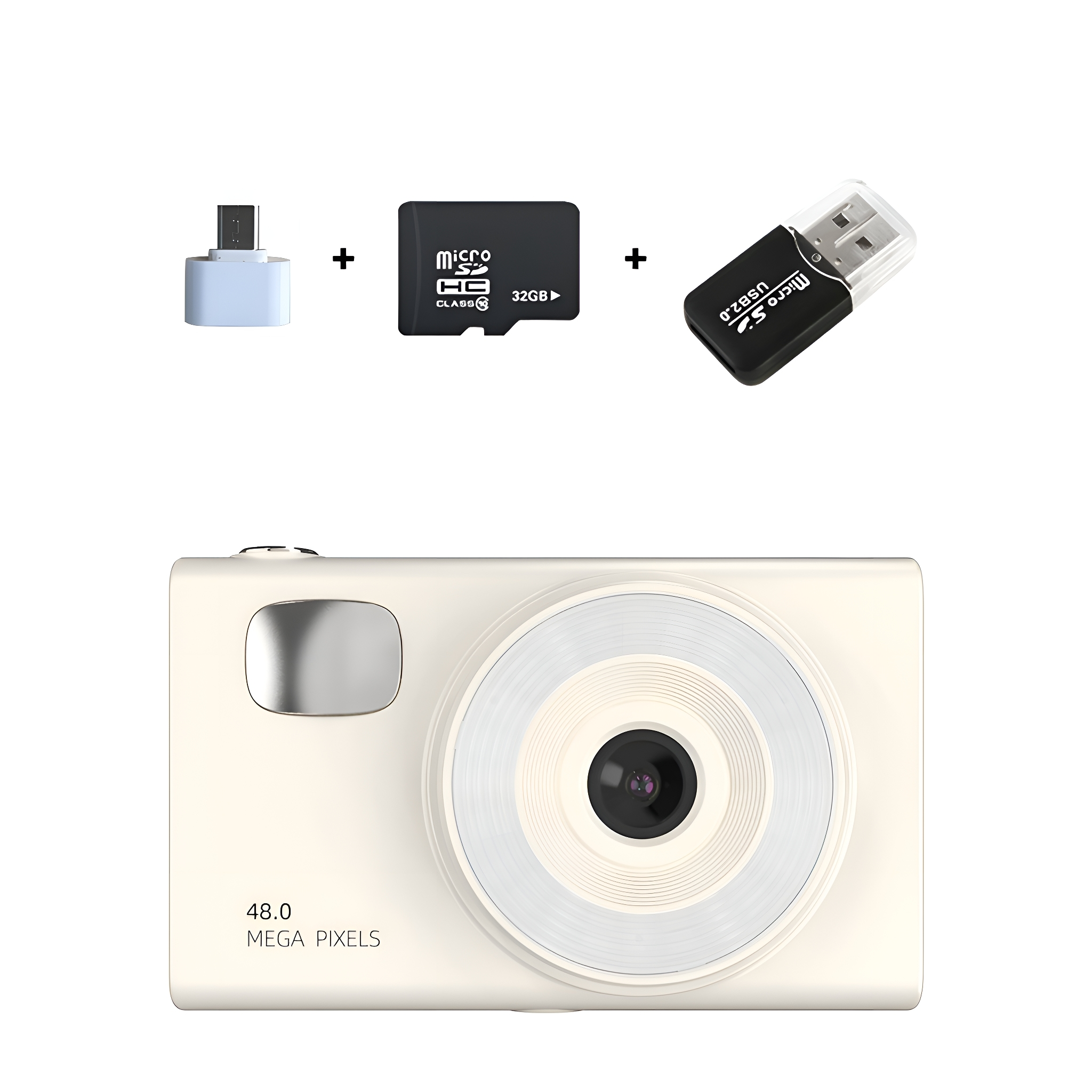 Cremefarbene Kamera mit Zubehör. Enthält einen USB-Adapter, eine SD-Karte und einen USB-Stick.