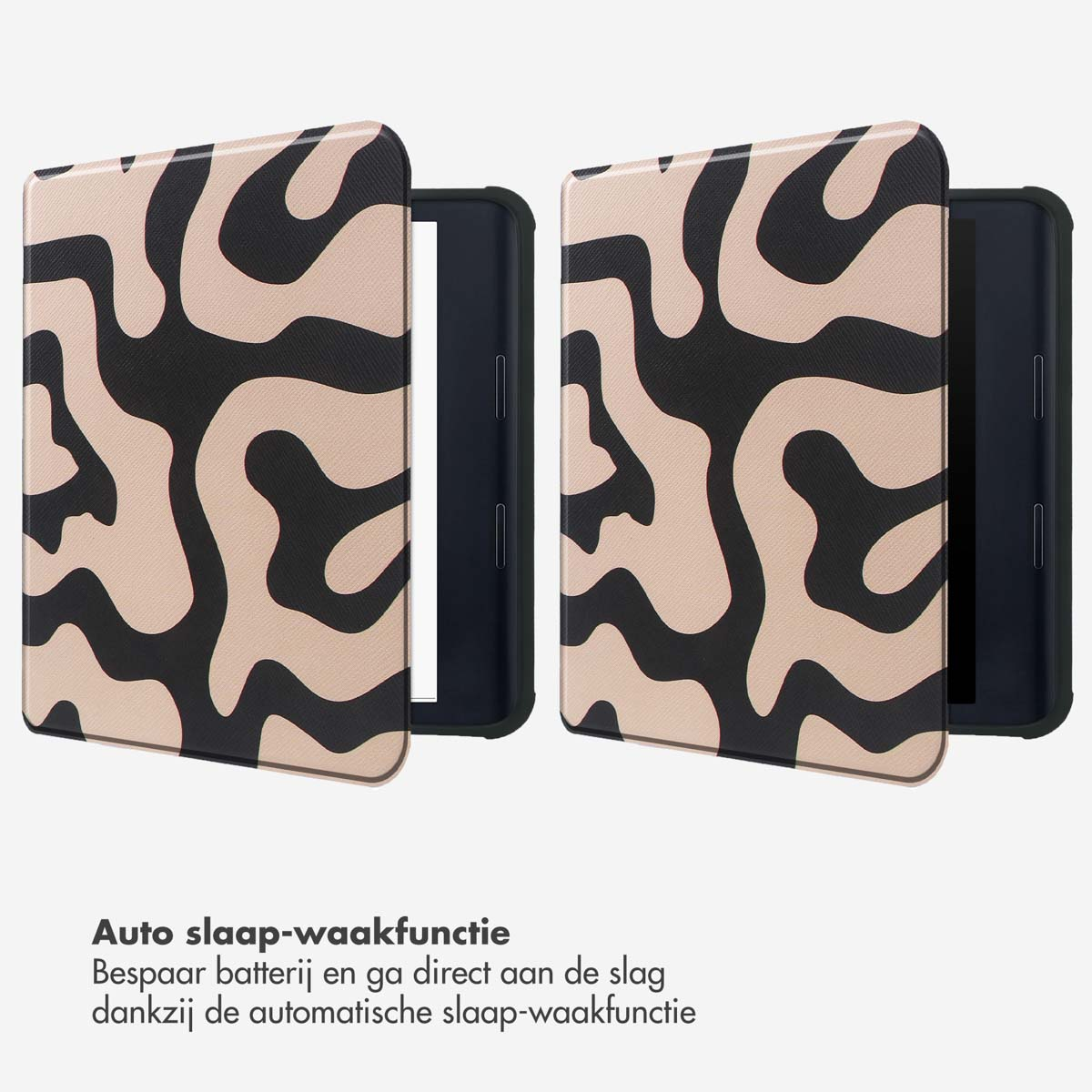 Twee e-reader hoesjes met een zwart en beige golvend patroon, met het apparaat erin.