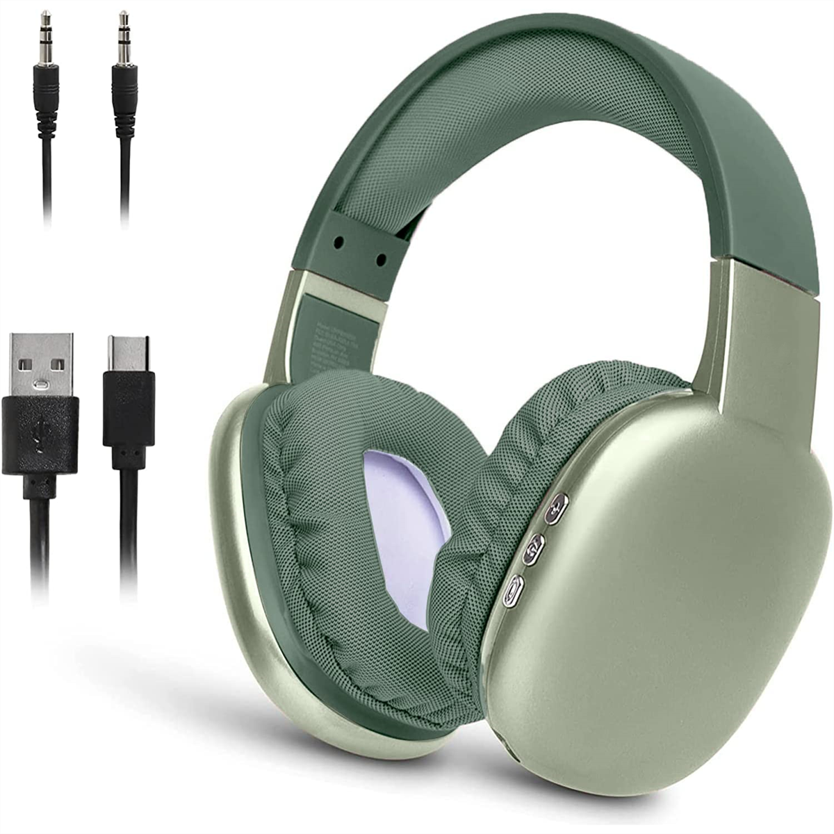 Olivgrüne Kopfhörer mit silbernen Akzenten, zusammen mit drei schwarzen Kabeln: USB und zwei Audiobuchsen.