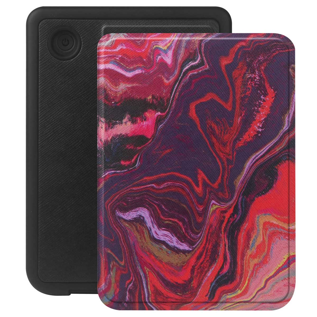 Un étui de tablette noir avec une couverture à motifs colorés. Le dos est texturé et noir, la couverture est rouge et violette.