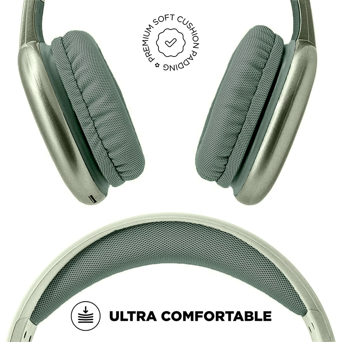 Kopfhörer. Graue Ohrmuscheln und ein Kopfband. Text: Ultra bequem und Premium-Weichpolsterung.