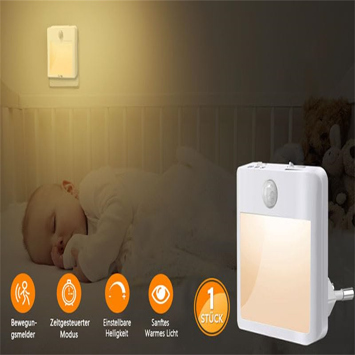 Ein Baby schläft auf einem Bett neben einem Wand-Nachtlicht. Icons zeigen Funktionen wie Bewegungssensor.