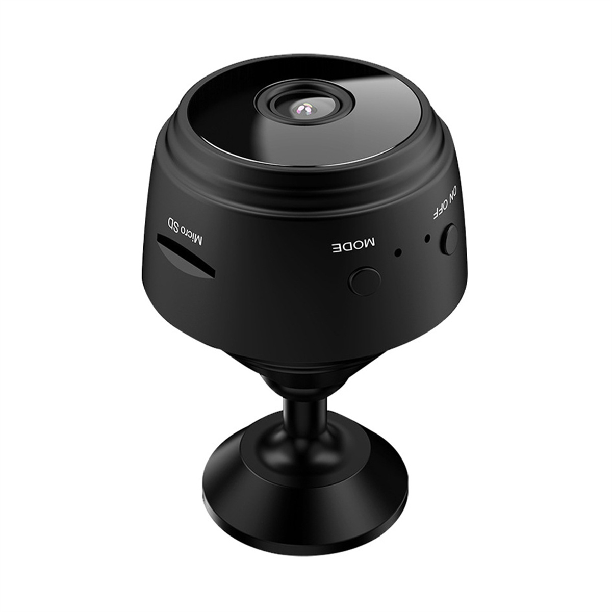 Kleine schwarze Überwachungskamera mit Micro-SD-Steckplatz und Mode/ON-OFF-Tasten, auf einem Ständer.