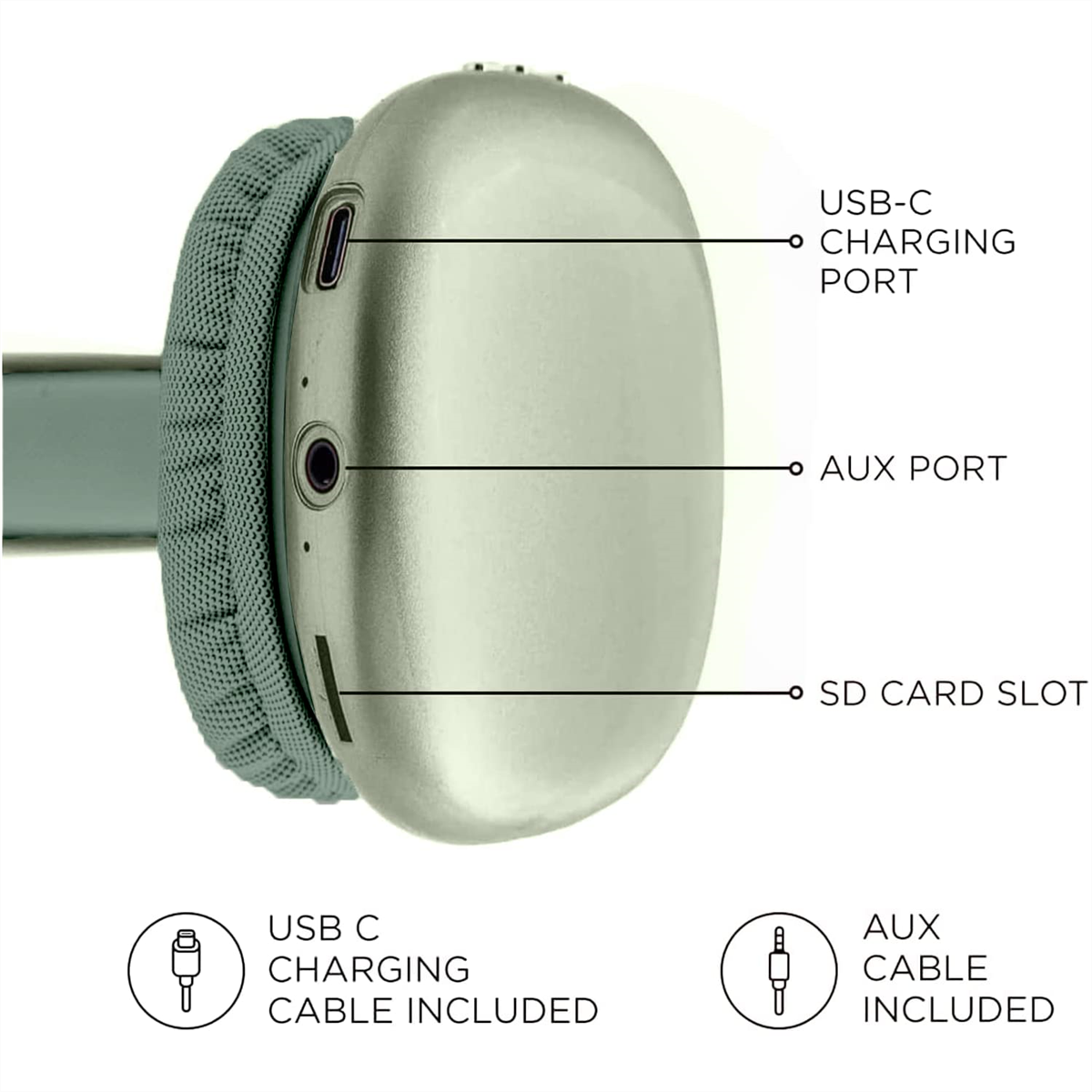 Silberne Kopfhörer mit USB-C-, Aux- und SD-Karten-Anschlüssen. Inklusive USB-C- und Aux-Kabel.