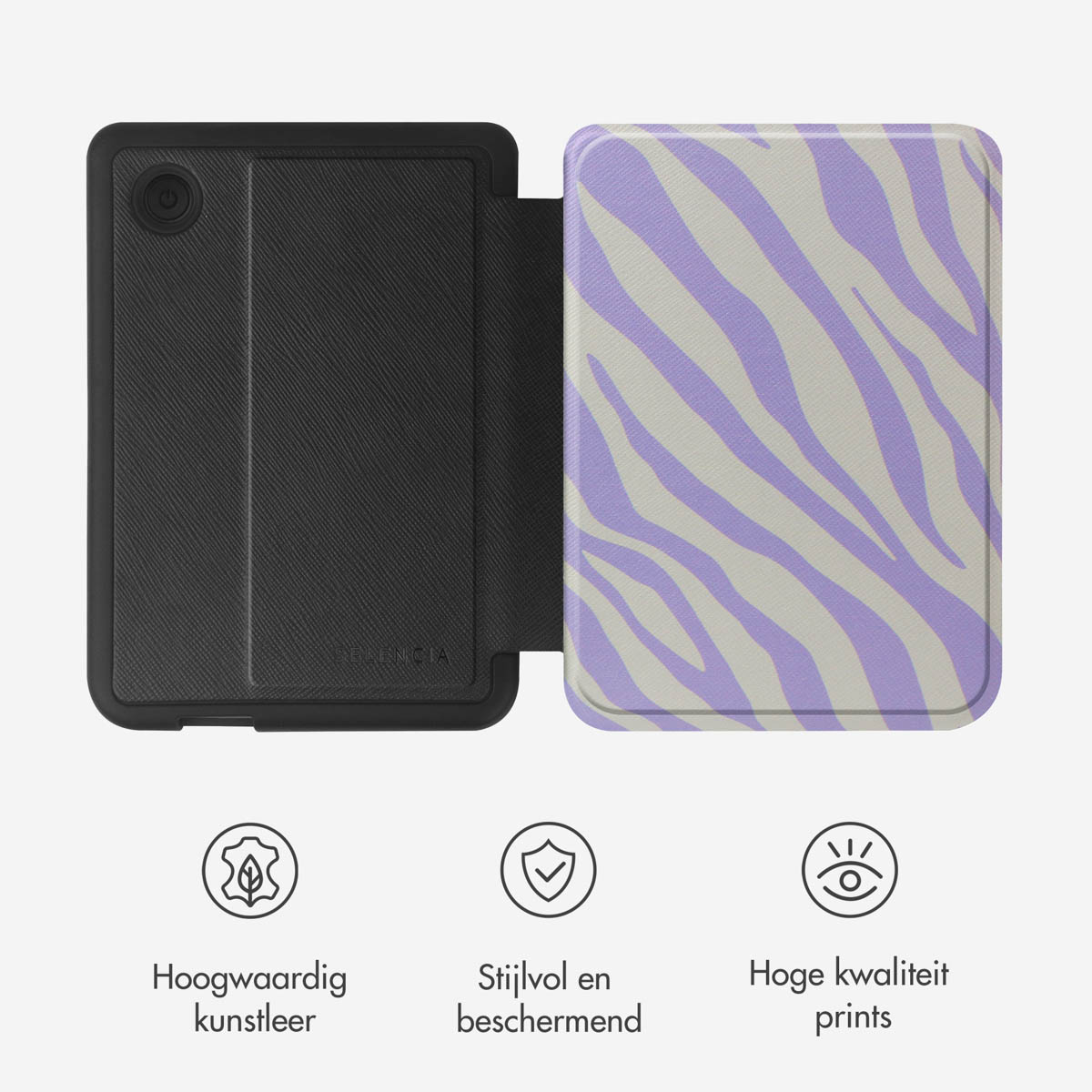 Une housse de tablette, ouverte, avec un motif zébré violet. Sur une surface blanche.