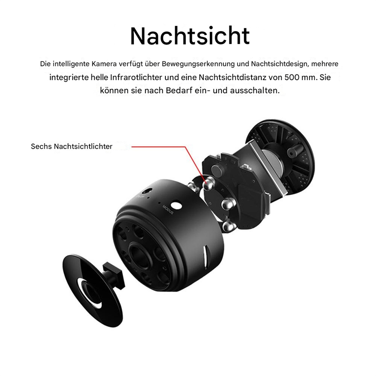 Nahaufnahme einer schwarzen Überwachungskamera mit Innenkomponenten und hervorgehobenen Lichtern.