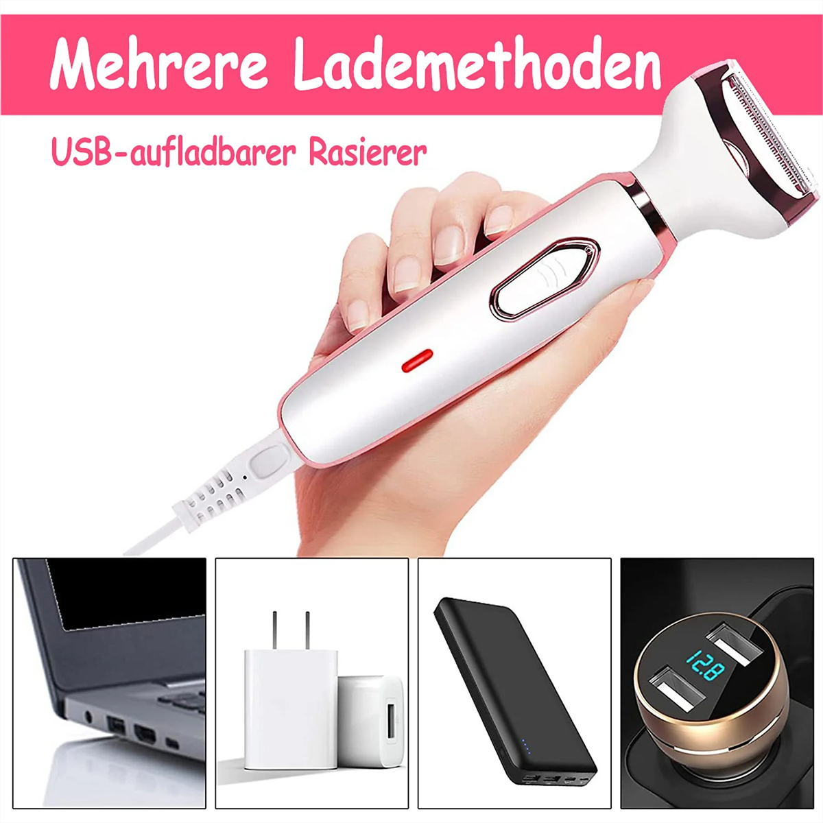 Ein elektrischer Rasierer für Frauen mit Ladeoptionen. Produkt und Zubehör.