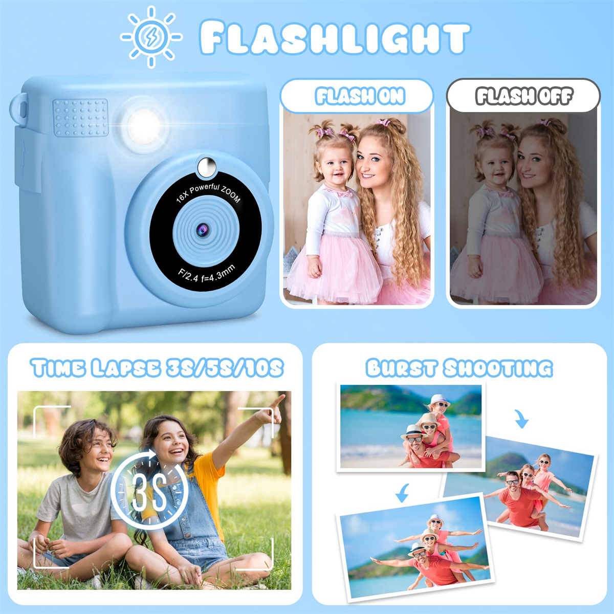 Eine blaue Sofortbildkamera mit Fotos von Personen. Zu den Funktionen gehören Blitz, Zeitraffer und Serienaufnahmen.