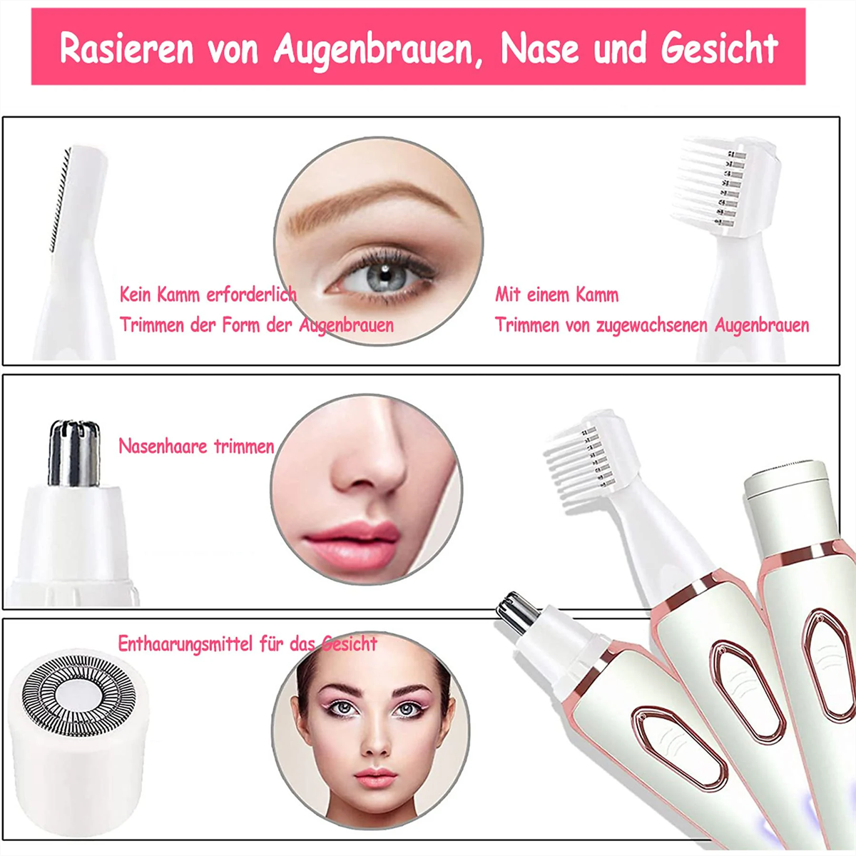 Bild zeigt Werkzeuge zum Rasieren von Augenbrauen, Nase und Gesicht. Text beschreibt die Funktion jedes Werkzeugs.