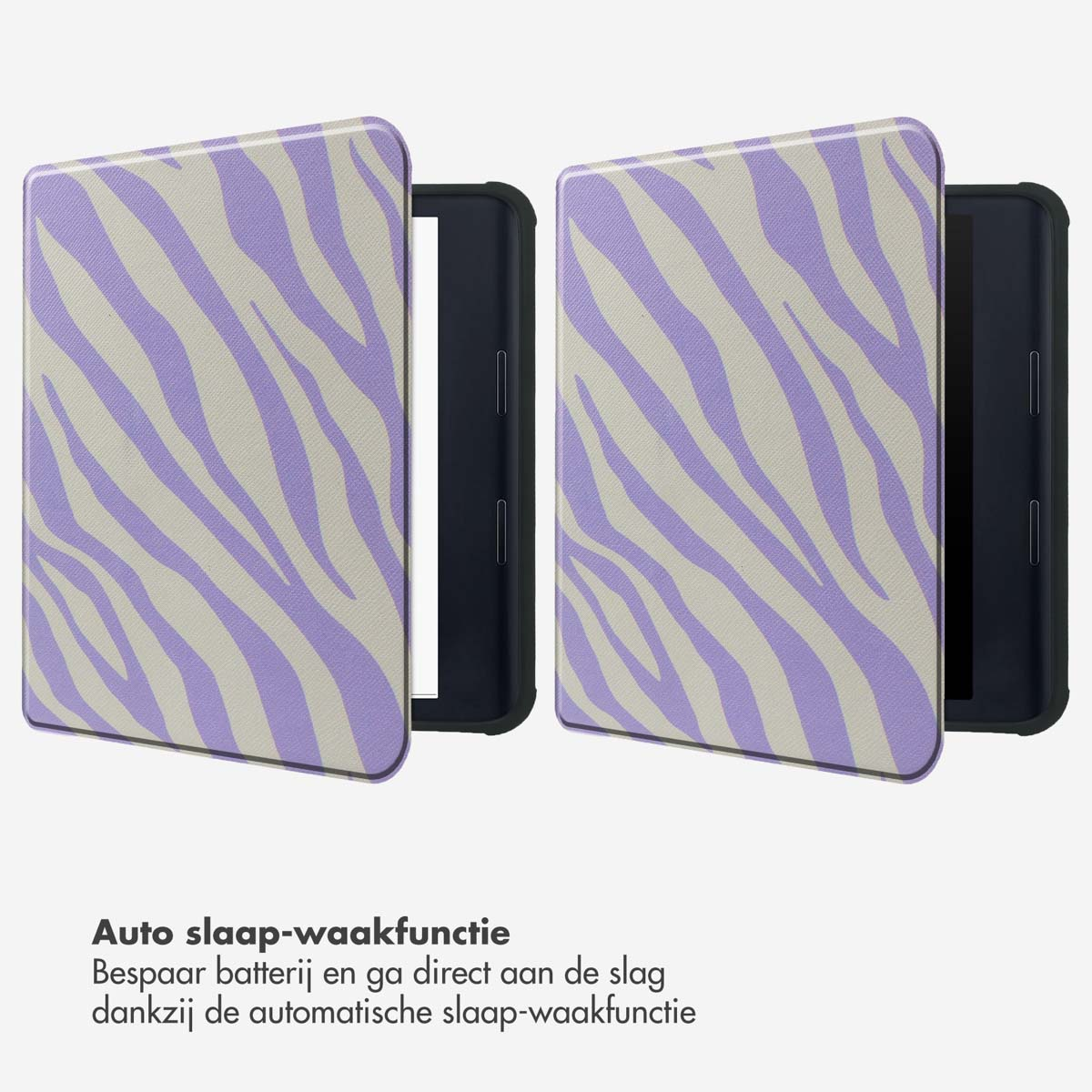 Twee e-readers met zebraprint covers. Tekst: Auto slaap-waakfunctie. Tekst in het Nederlands.