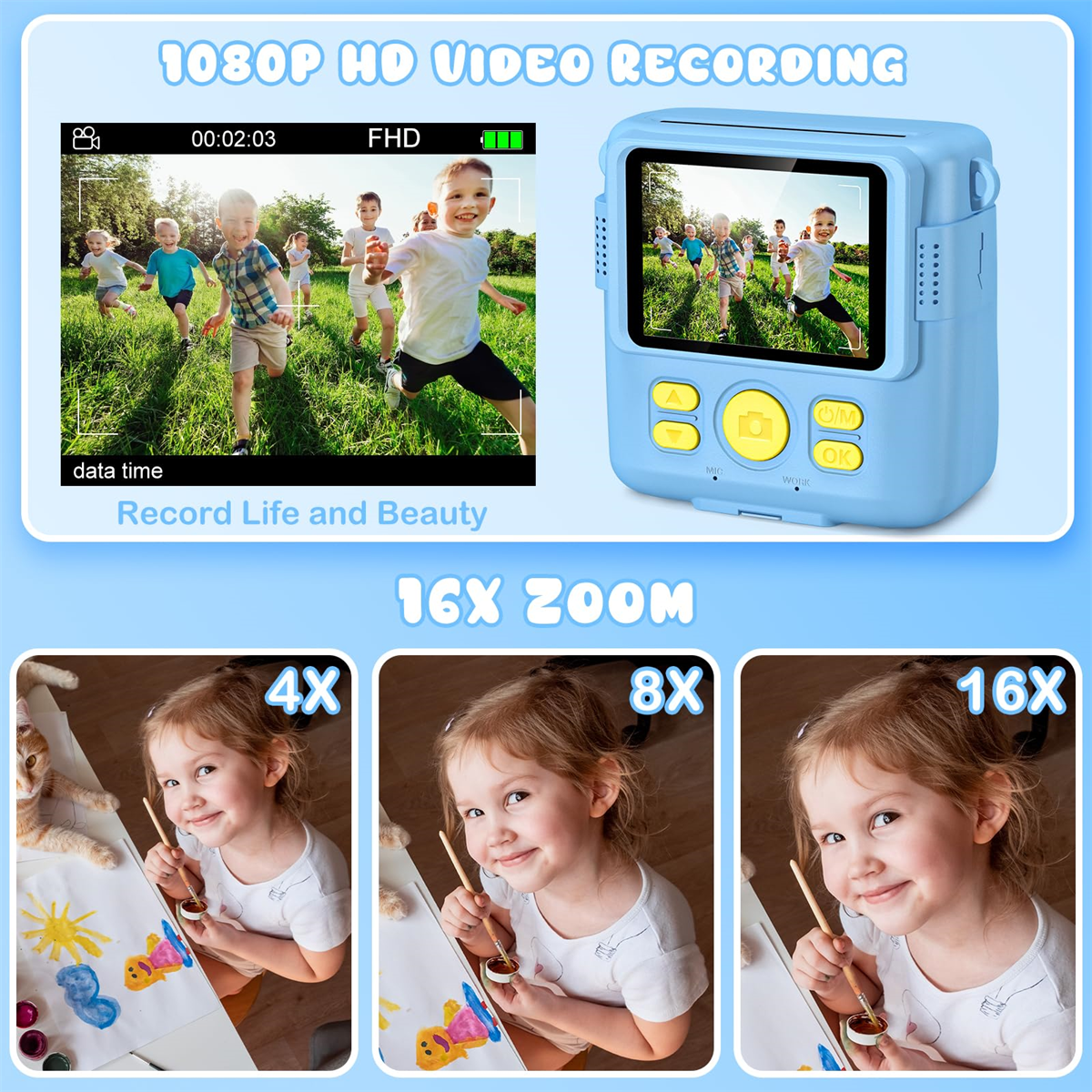 Blaue Kinderkamera mit Bildschirm, der Kinder beim Laufen zeigt. Zoomstufen sind 4X, 8X und 16X. Ein Mädchen malt.