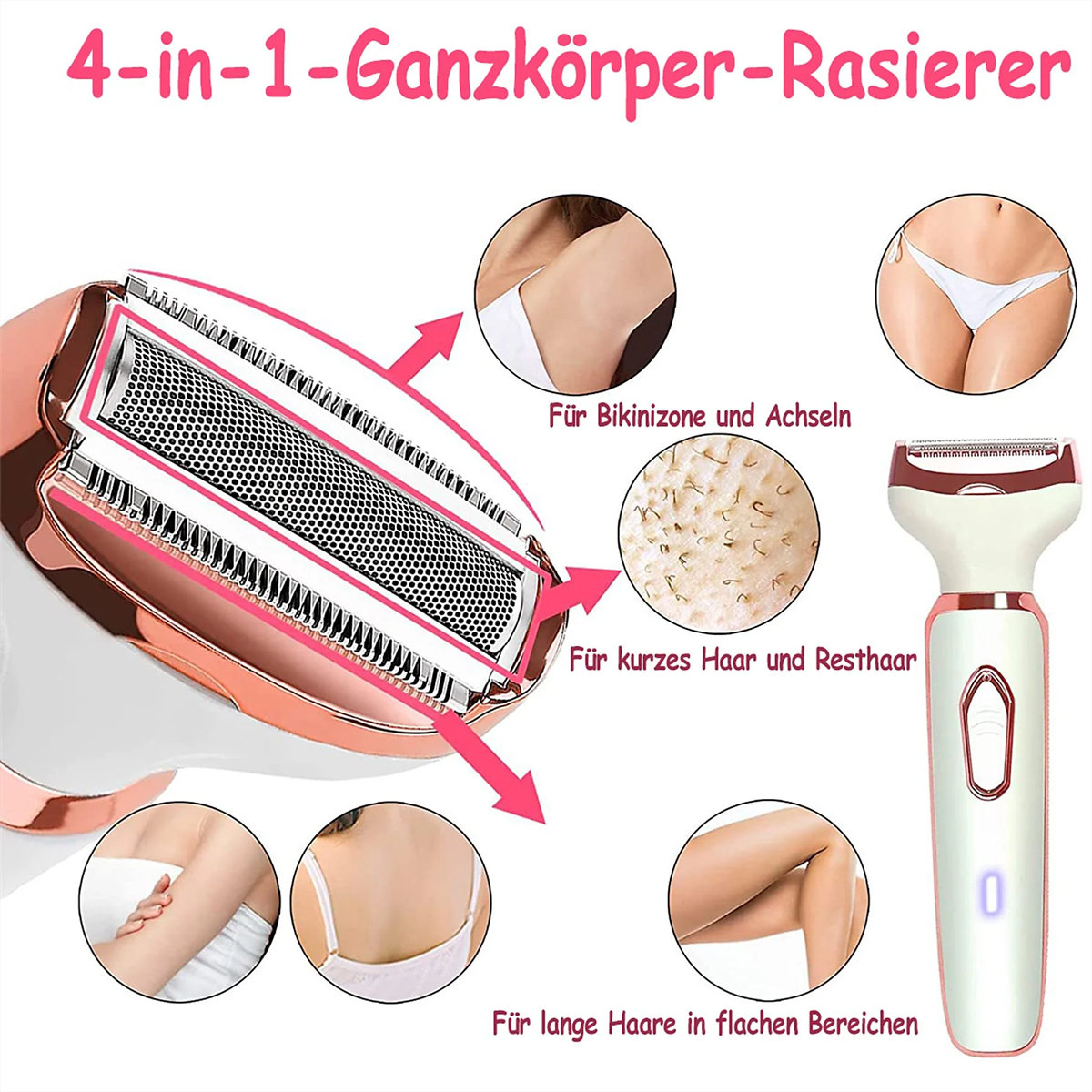 Ein rosa-weißer Epilierer mit Diagrammen zur Haarentfernung an verschiedenen Körperstellen.