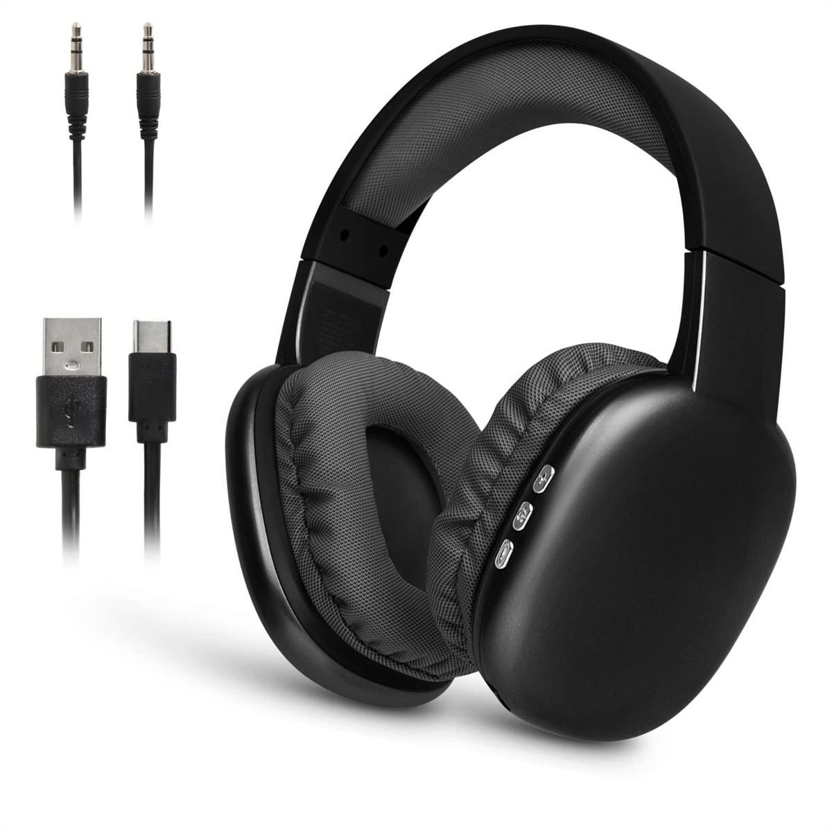 Schwarze Kopfhörer mit Kabeln für USB- und Klinkenanschlüsse, auf Weiß.