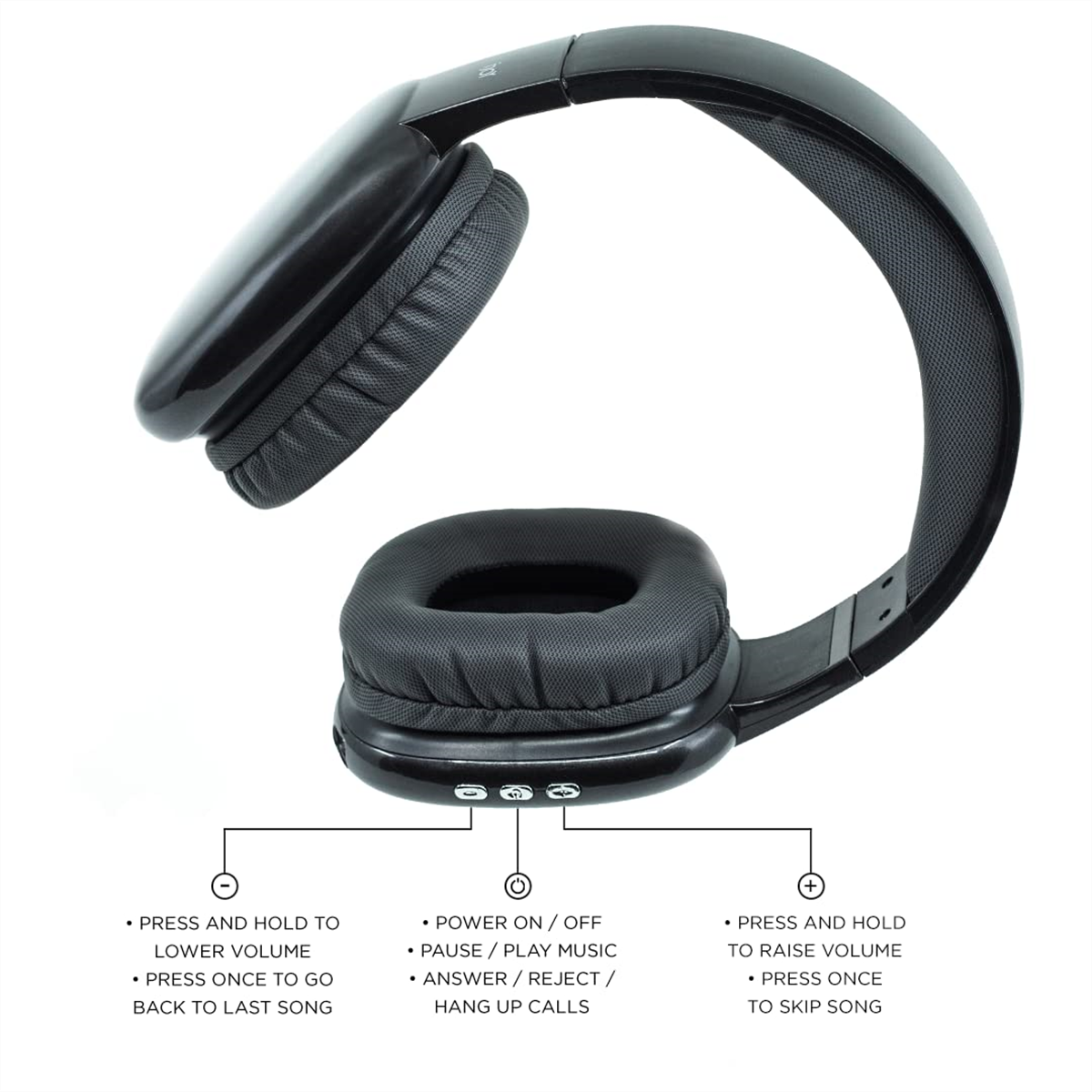 Schwarze Kopfhörer mit Bedienelementen. Drücken und halten Sie + für die Lautstärke, - für vorherigen Titel.