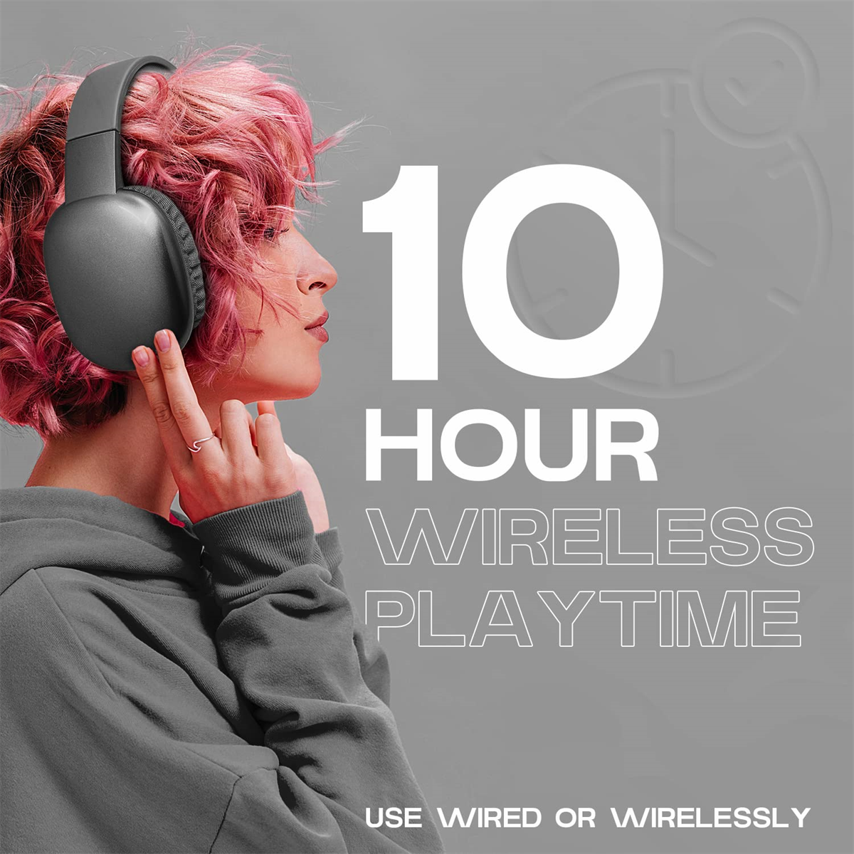 Frau mit pinken Haaren, Kopfhörer, Text: 10 STUNDEN WIRELESS SPIELZEIT.