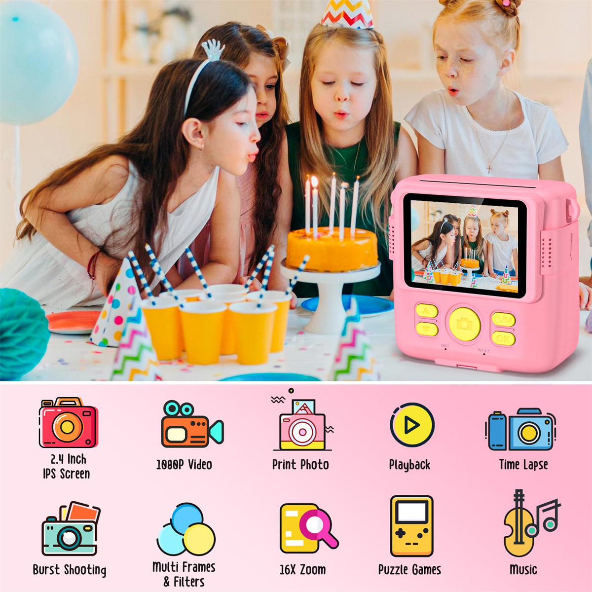 Rosa Kamera mit Kindern, die Kerzen ausblasen. Symbole für Video, Fotos, Zoom und Spiele.