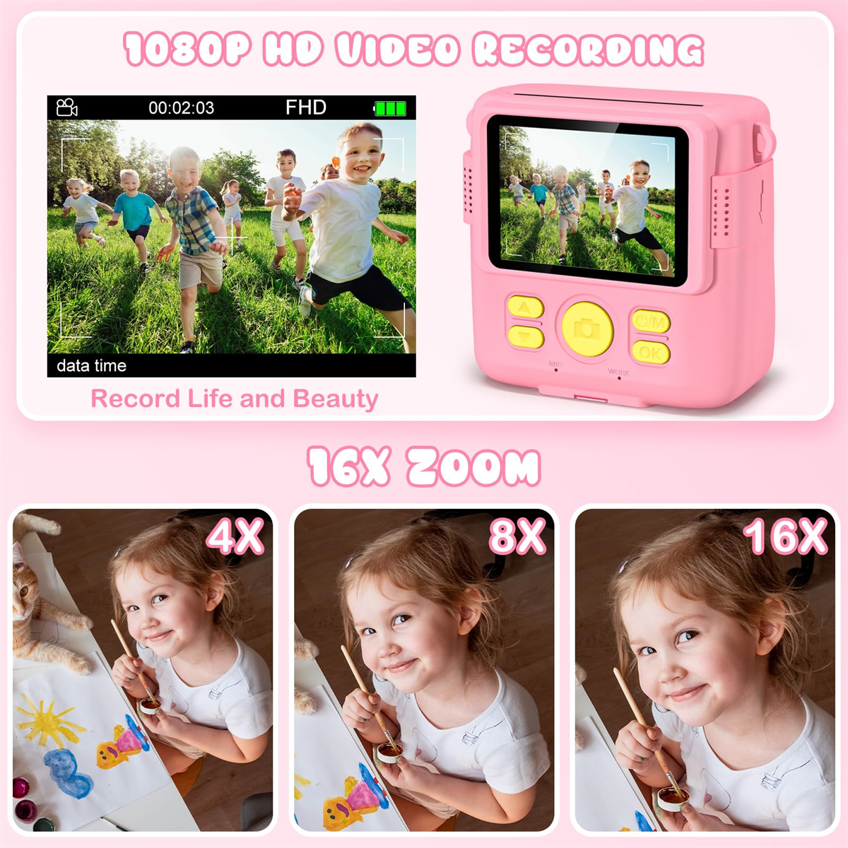 Rosa Kinderkamera mit Videos und Fotos von Kindern.