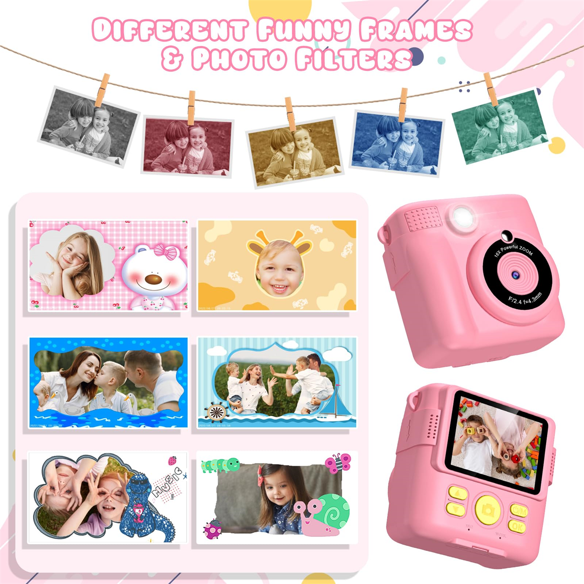 Eine rosa Kamera mit Kinderbildern. Verschiedene Fotorahmen werden angezeigt.