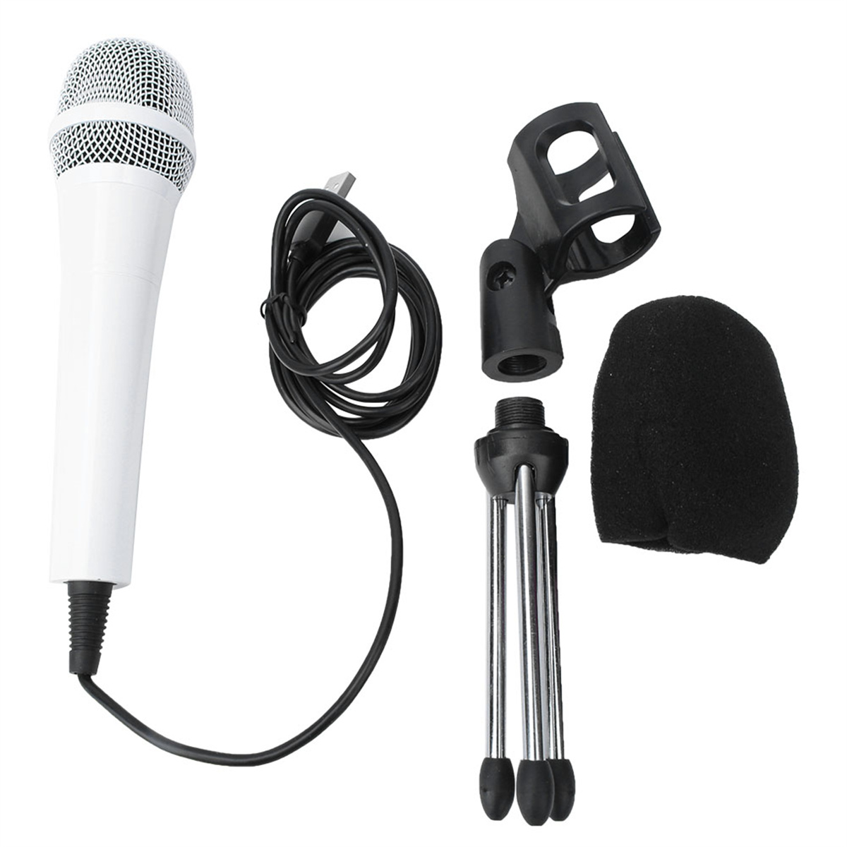 Ein weißes Mikrofon mit Ständer, Pop-Filter und Kabel. Das Mikrofon ist nach oben gerichtet.