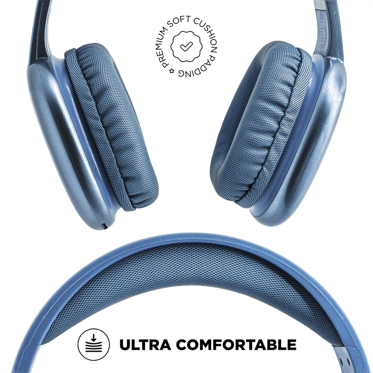 Blaue Kopfhörer mit weicher Polsterung und dem Text "Ultra Comfortable".