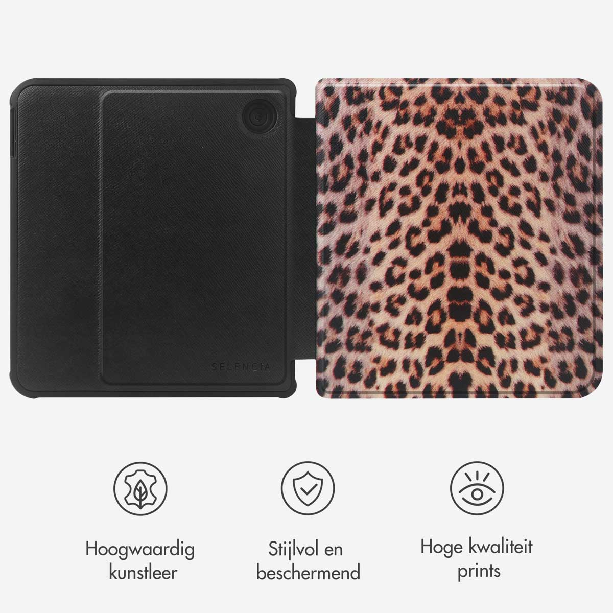 Tablethoes met een luipaardprint ontwerp en een zwarte cover. Beschikt over tekst en iconen.
