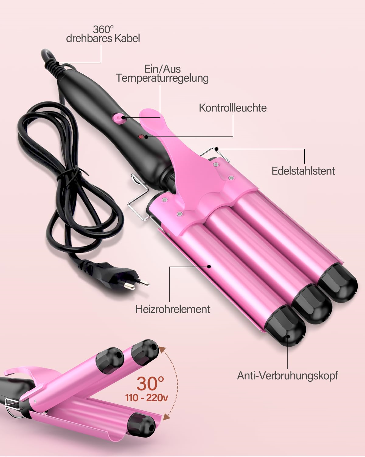 Pinkfarbenes Lockenstab mit Bedienfeld, Temperatureinstellungen und 30° Drehung. Schwarzes Kabel.