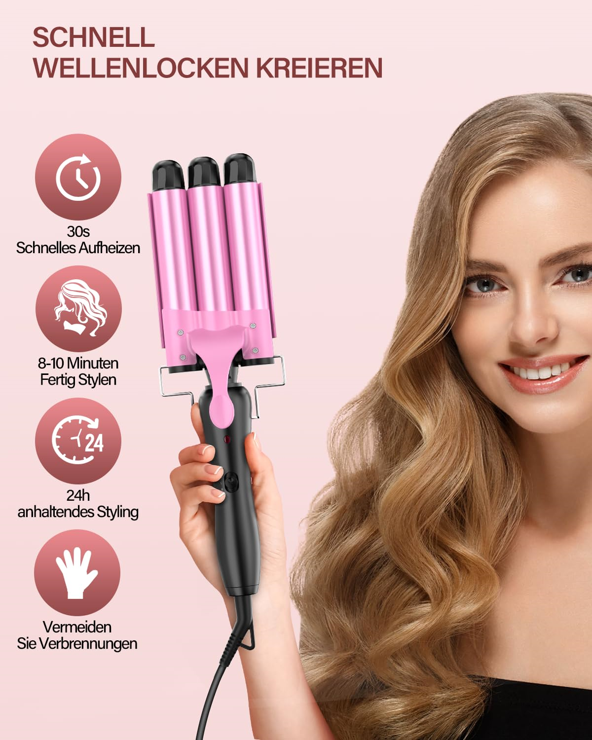 Eine Frau hält einen pinkfarbenen Haarwellenmacher. Das Bild zeigt den Stylingprozess und Text drumherum.