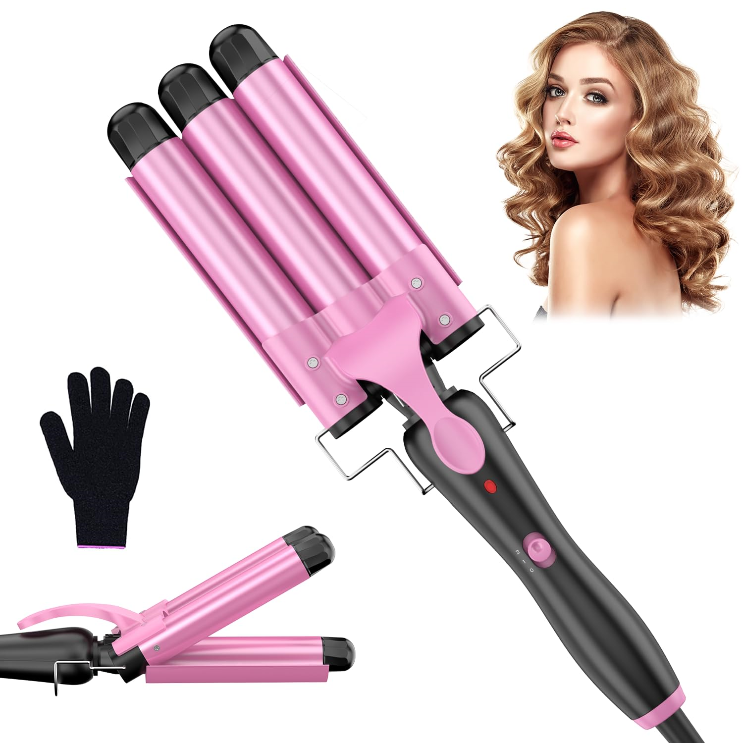 Pinker Haarwellenmacher, schwarzer Griff, Frau mit welligem Haar und ein hitzebeständiger Handschuh.