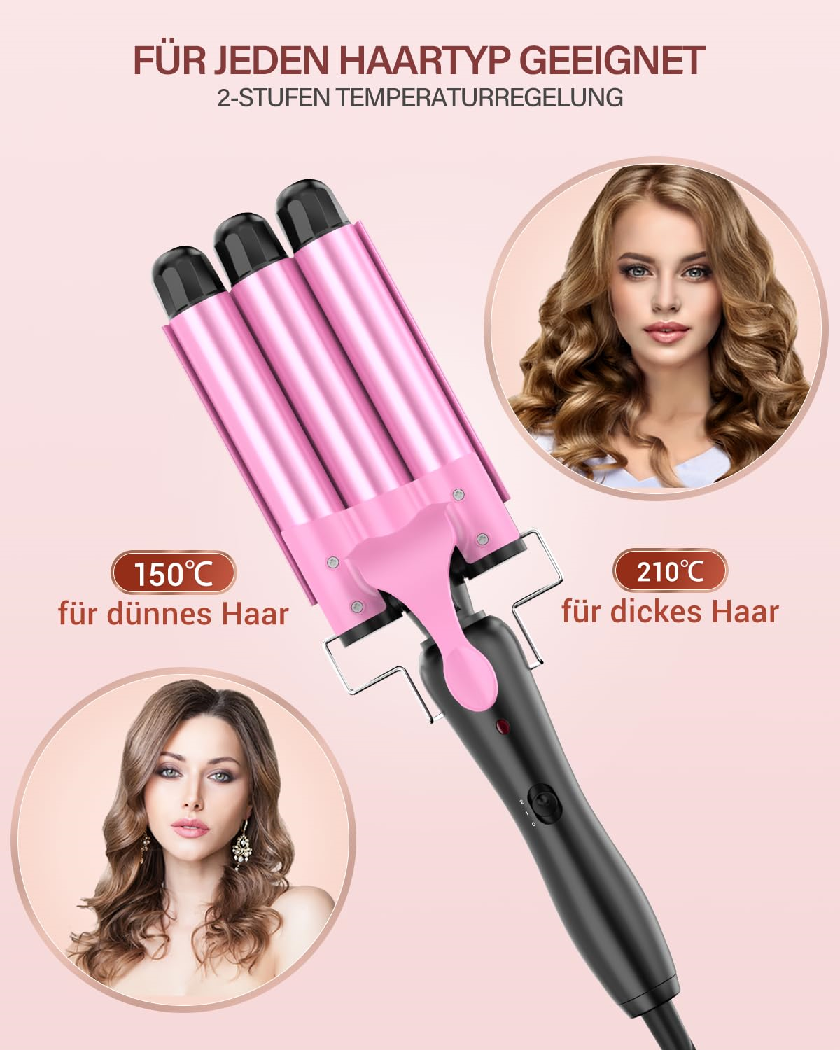 Rosa Lockenstab mit drei Läufen und Gesichtern von Frauen.