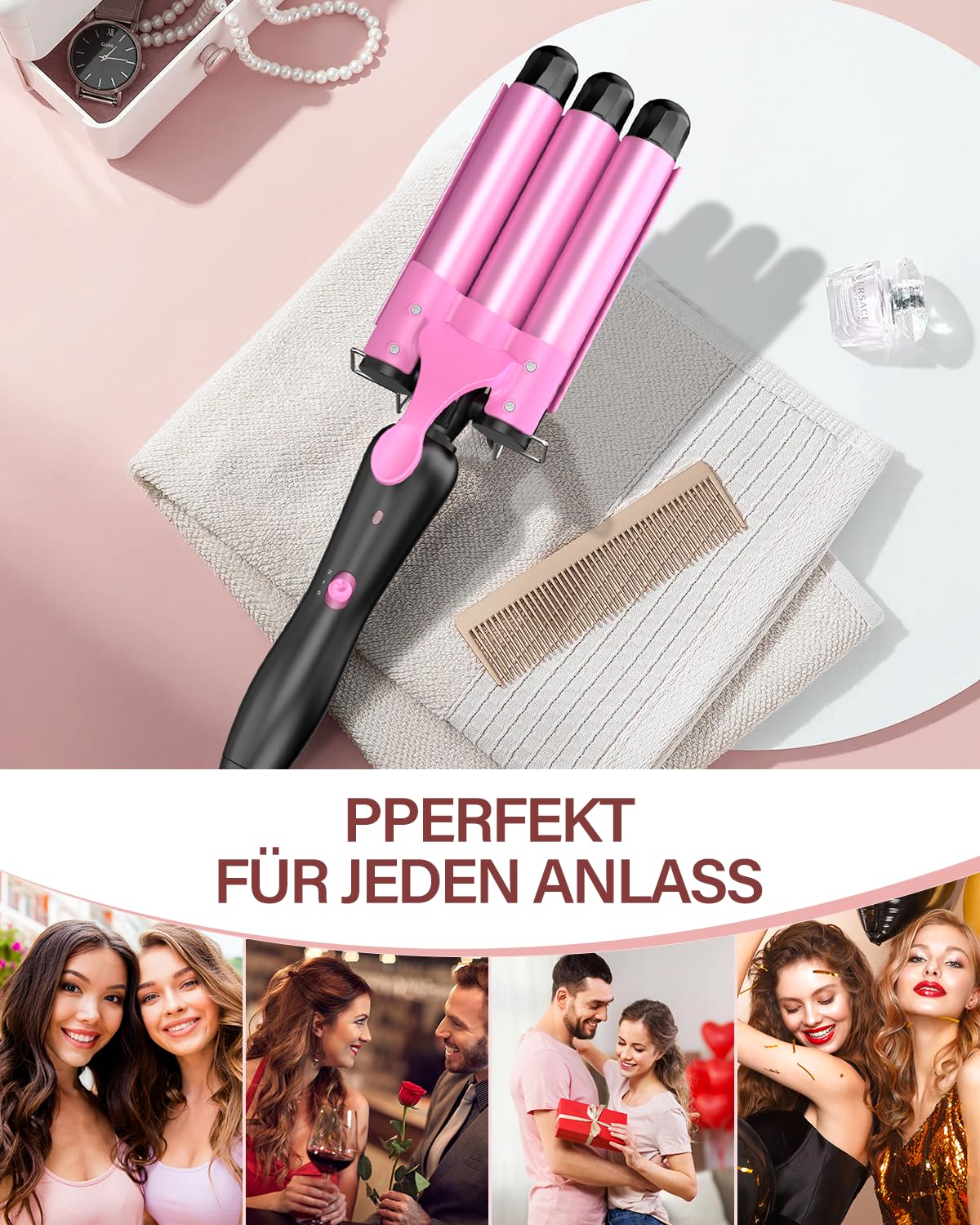 Pinker Haarwellenmacher mit Kamm und Zubehör. Bilder von Menschen bei verschiedenen Veranstaltungen unten.