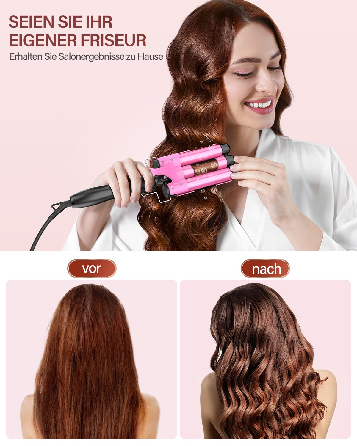 Eine Frau benutzt einen pinkfarbenen Haar-Crimper und vergleicht Vorher-Nachher-Ergebnisse von welligem Haar.