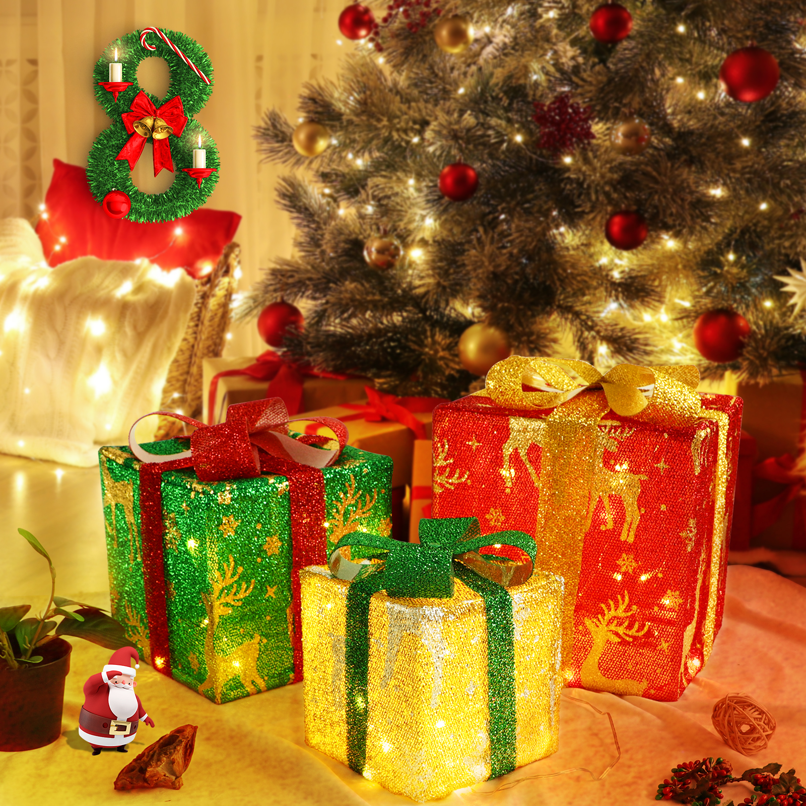 Prezenty i dekoracje bożonarodzeniowe w pobliżu udekorowanej choinki. Figurka Świętego Mikołaja w pobliżu prezentów.