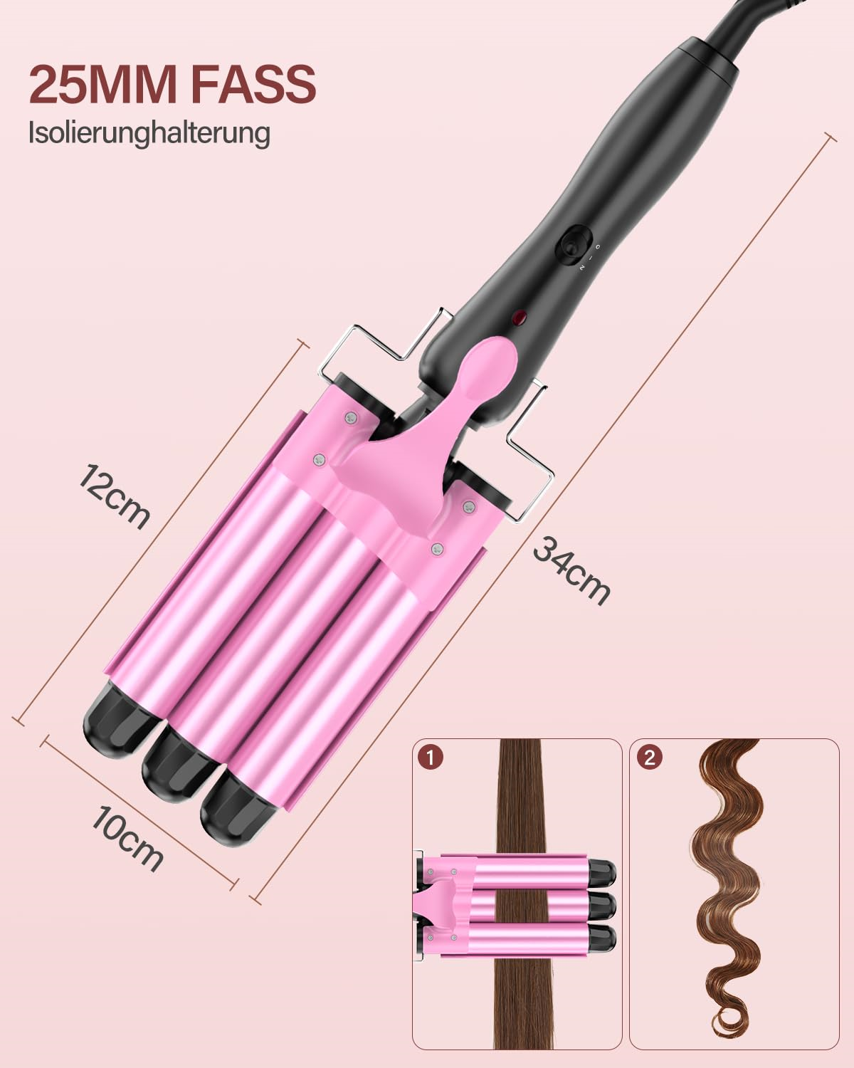 Ein rosa Haarkreppeisen mit Maßen und ein Vorher/Nachher-Bild von gecrimptem Haar auf weißem Hintergrund.