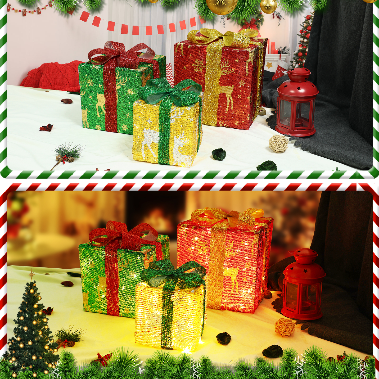 Dwa zdjęcia prezentów świątecznych. Są zielone, czerwone i żółte ze wstążkami.