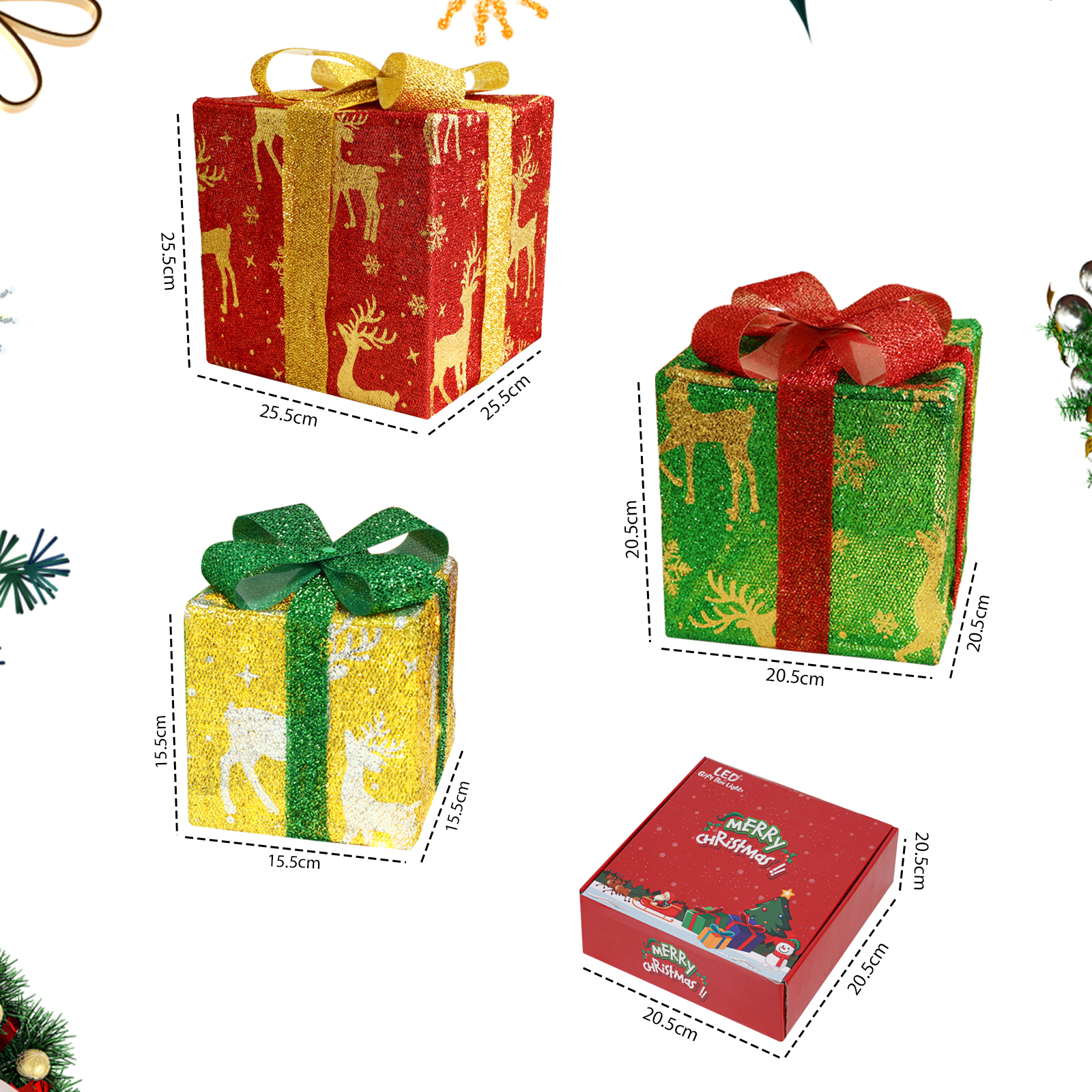 Cztery dekorowane pudełka prezentowe na Boże Narodzenie, każde w innym kolorze i wzorze, na białym tle.