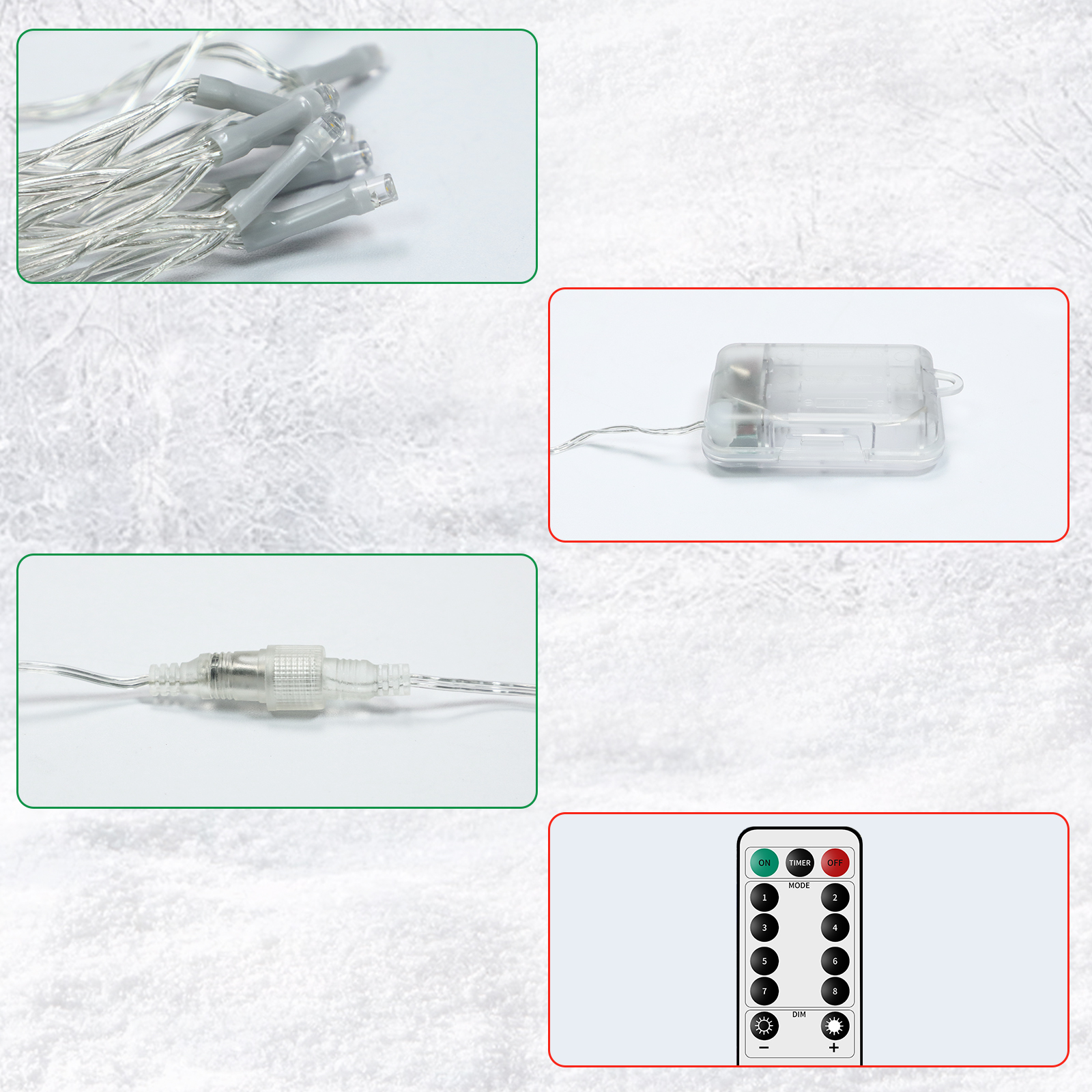 Zbliżenia na łańcuchy LED, pojemnik na baterie i pilot na oszronionej powierzchni.