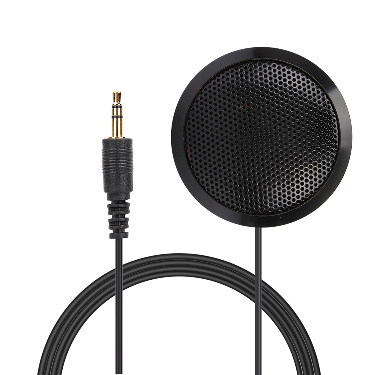 Ein schwarzes Mikrofon mit einem Mesh-Cover ist mit einem Kabel verbunden. Ein goldfarbener Stecker ist am Ende des Kabels.