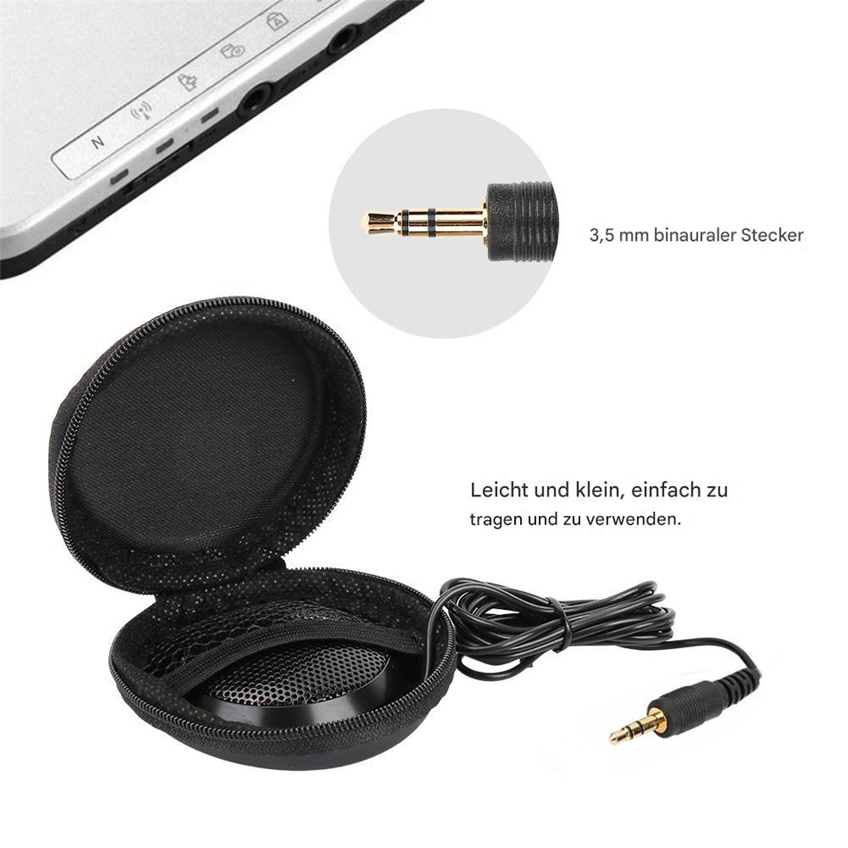 Eine schwarze Kopfhörertasche mit 3,5-mm-Audioanschluss. Ein Anschluss ist auch gezeigt.
