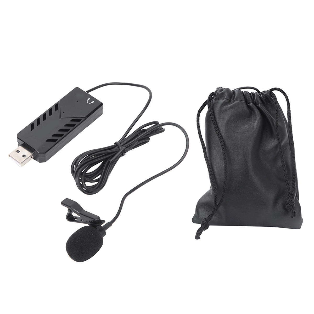 Ein USB-Mikrofon-Set, bestehend aus Mikrofon, USB-Adapter, Verbindungskabel und Beutel.