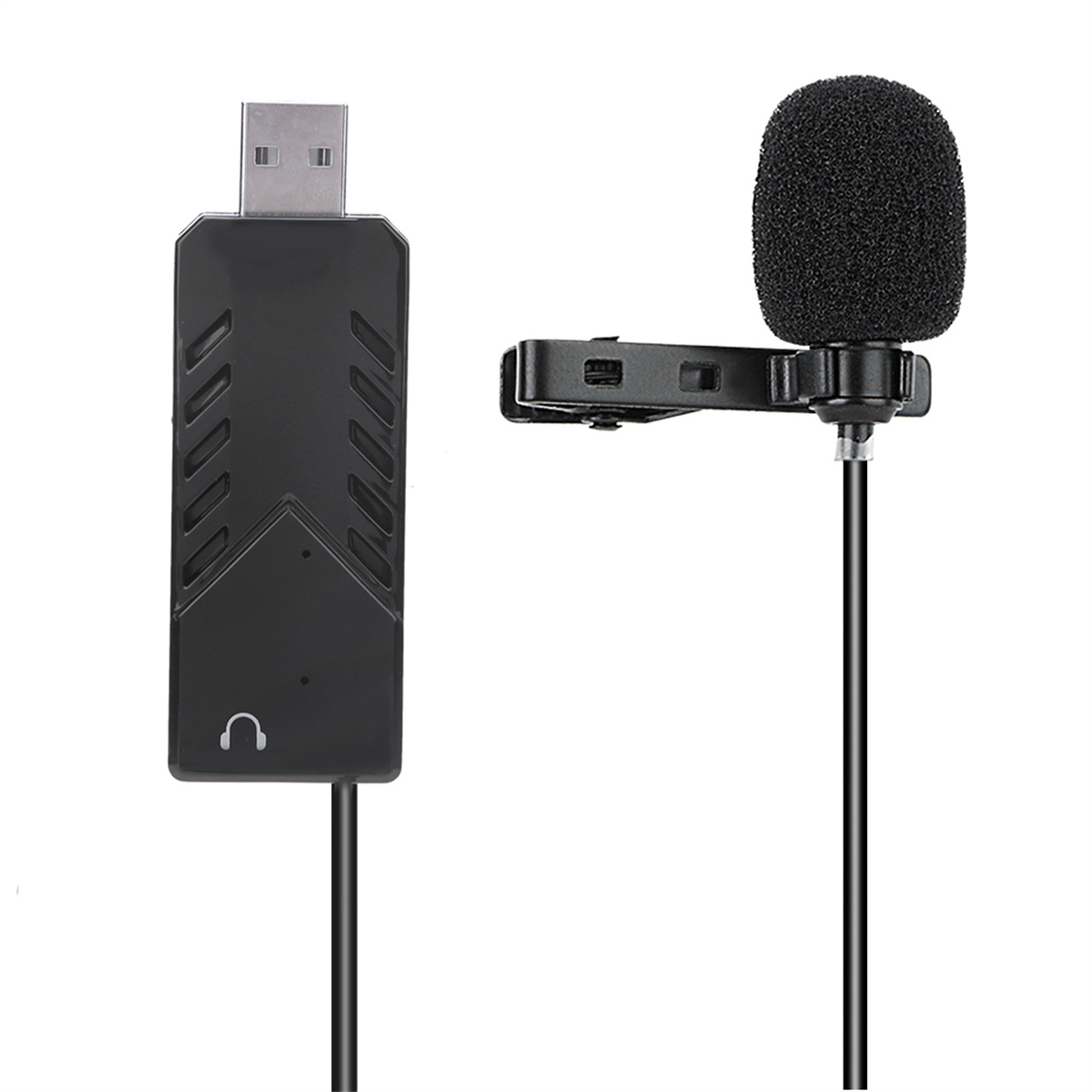 Schwarzes USB-Mikrofon mit einem kleinen, runden Mikrofon und einem Clip. Es ist auf weißem Hintergrund.