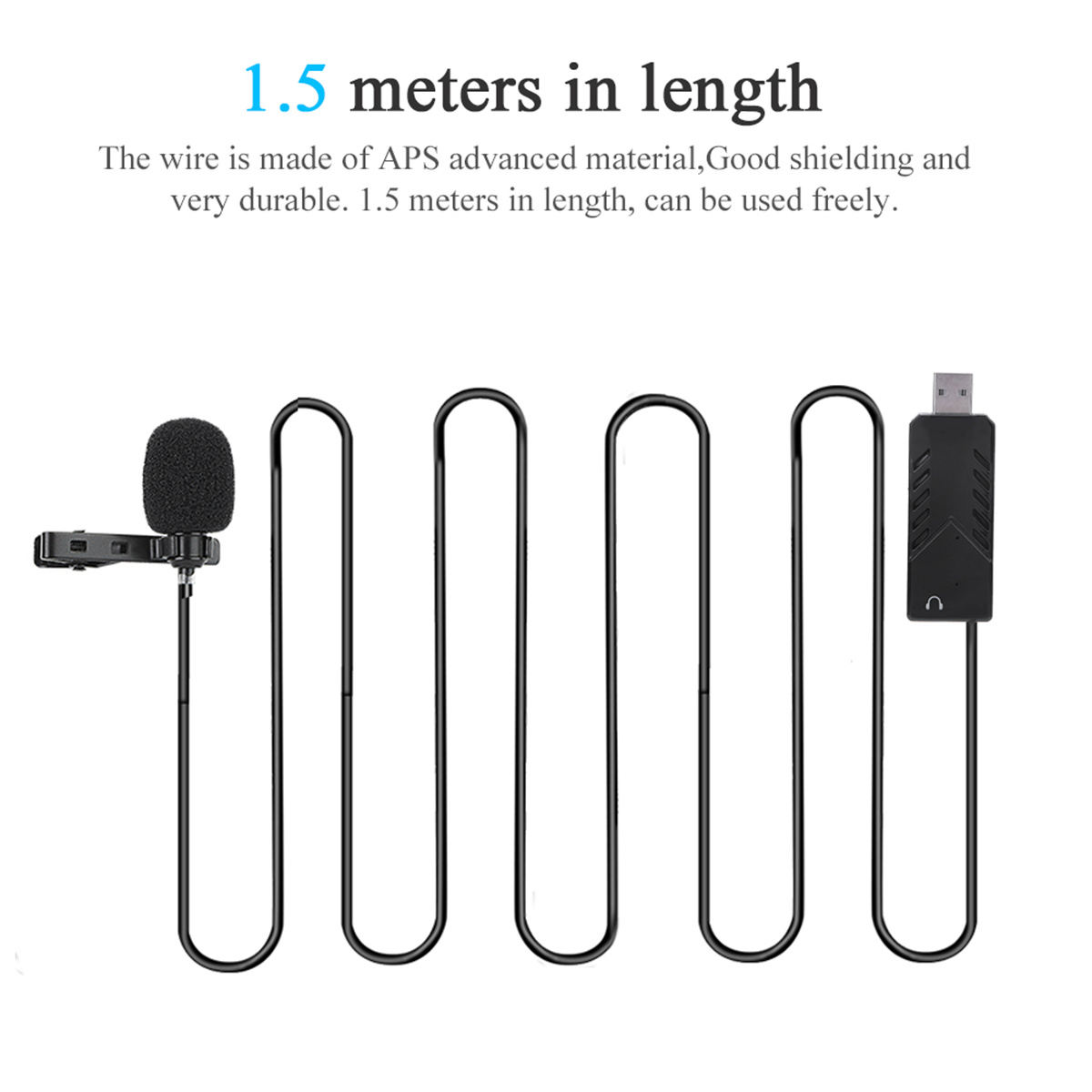 Ein schwarzes Mikrofon mit schwarzem Kabel. Der Text sagt 1,5 Meter lang. Es ist ein schwarzes Kabel mit USB-Anschluss.