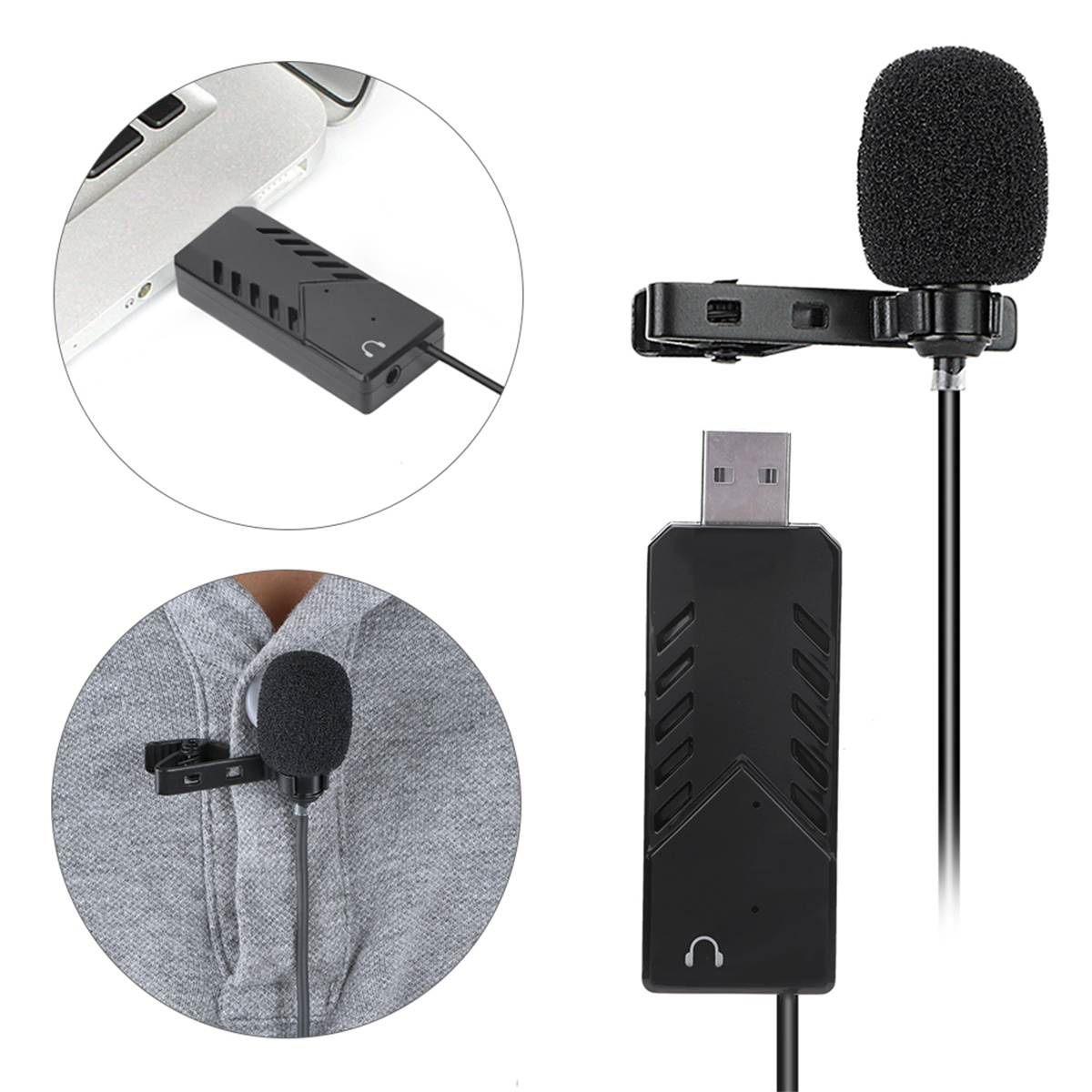 Mehrere Ansichten eines schwarzen Mikrofons mit USB und eines am Hemd befestigten Mikrofons. Kein Text.
