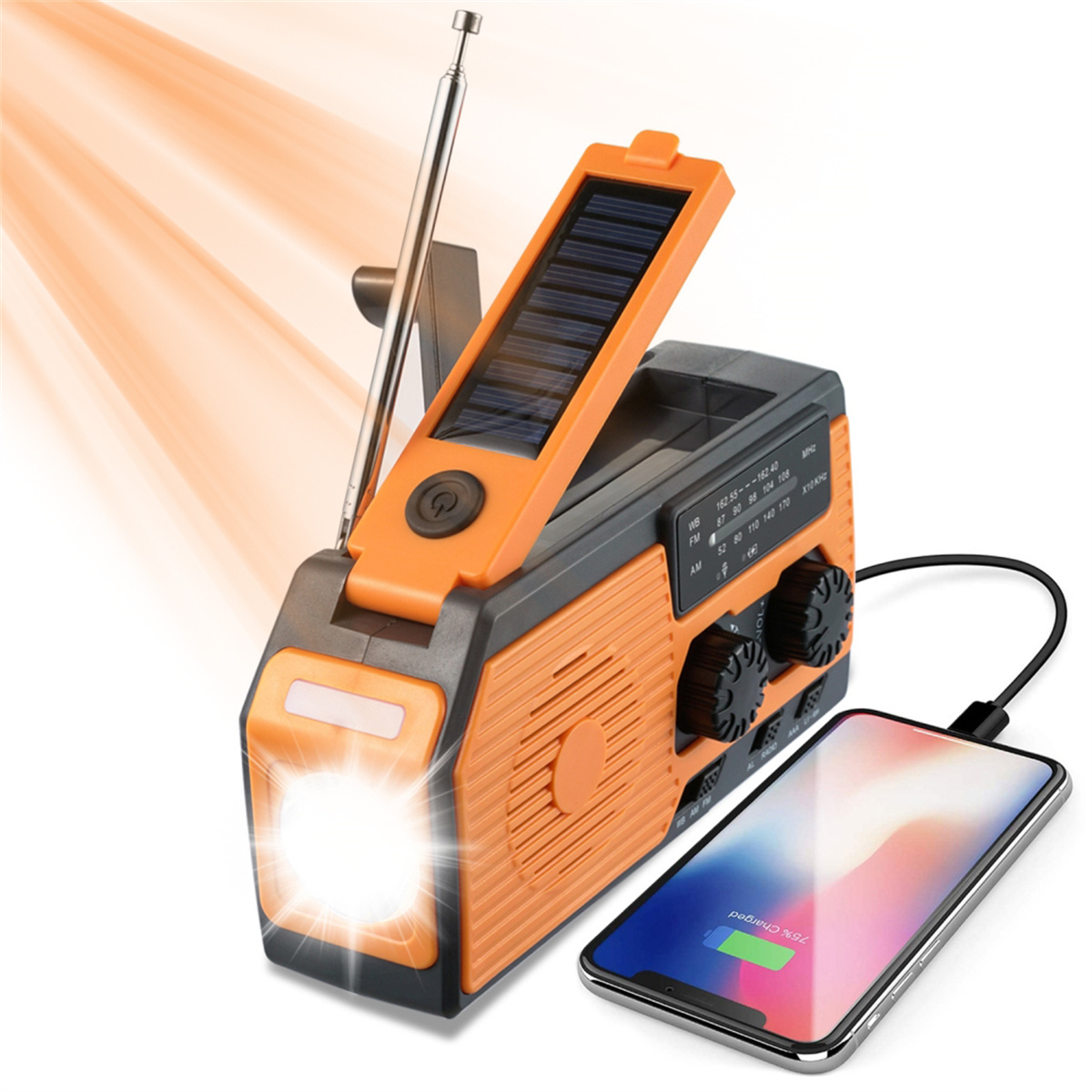 Orangenes und graues Notfallradio mit Solarpanel, Taschenlampe und Telefon, das mit 75 % geladen wird.