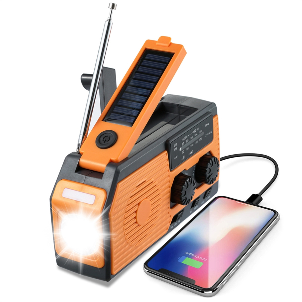 Orange-graues Notfallradio mit Solarpanel, lädt Telefon mit Display.