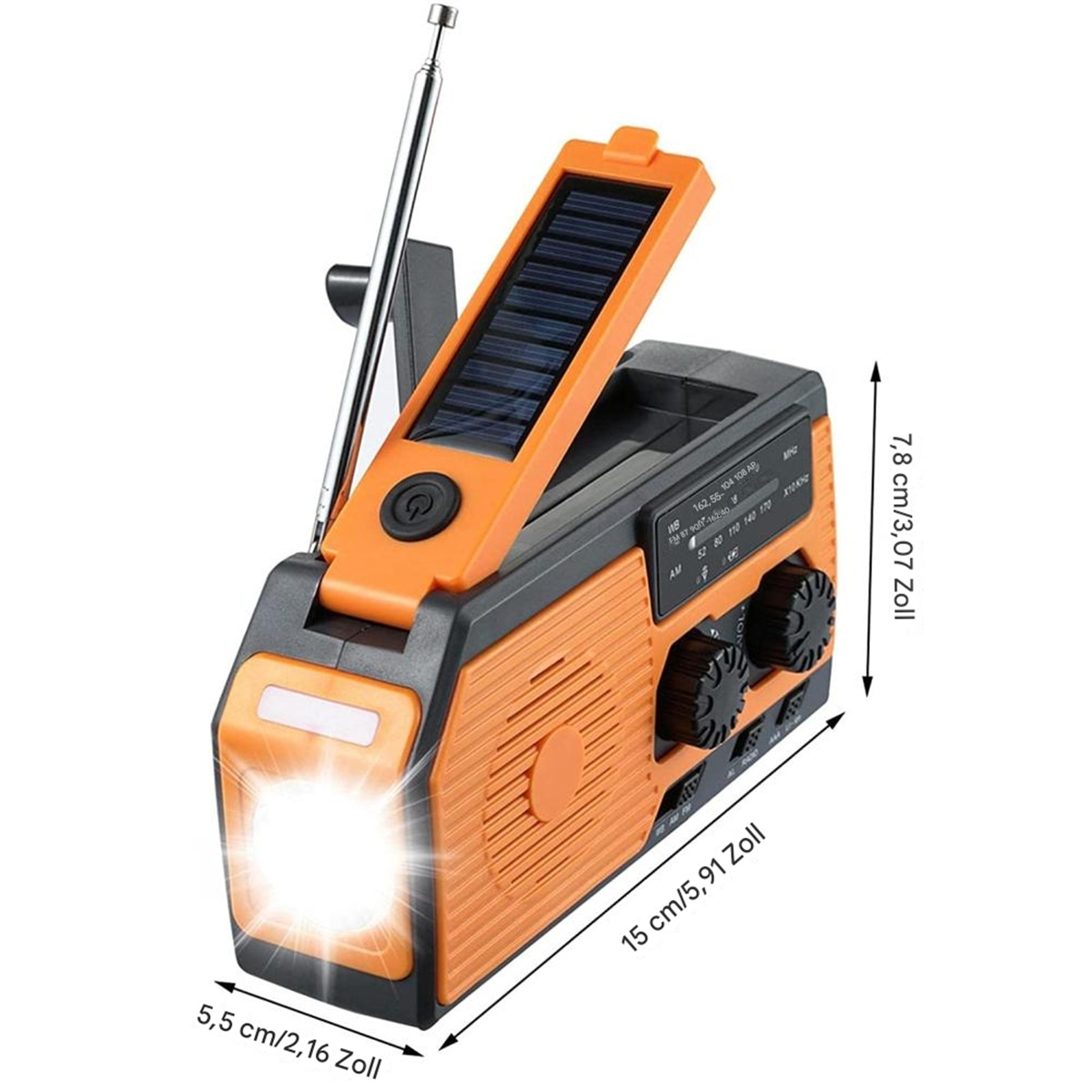 Oranges und graues tragbares Radio mit Solarpanel und hellem Licht.