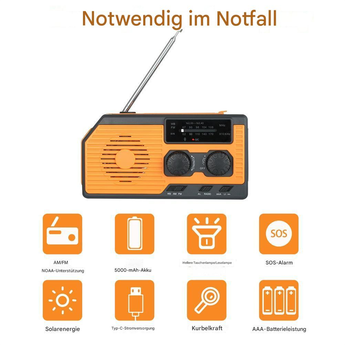 Ein orangefarbenes Notfallradio mit Symbolen für AM/FM, SOS, Solarstrom und mehr. Text lautet 'Notwendig im Notfall'.