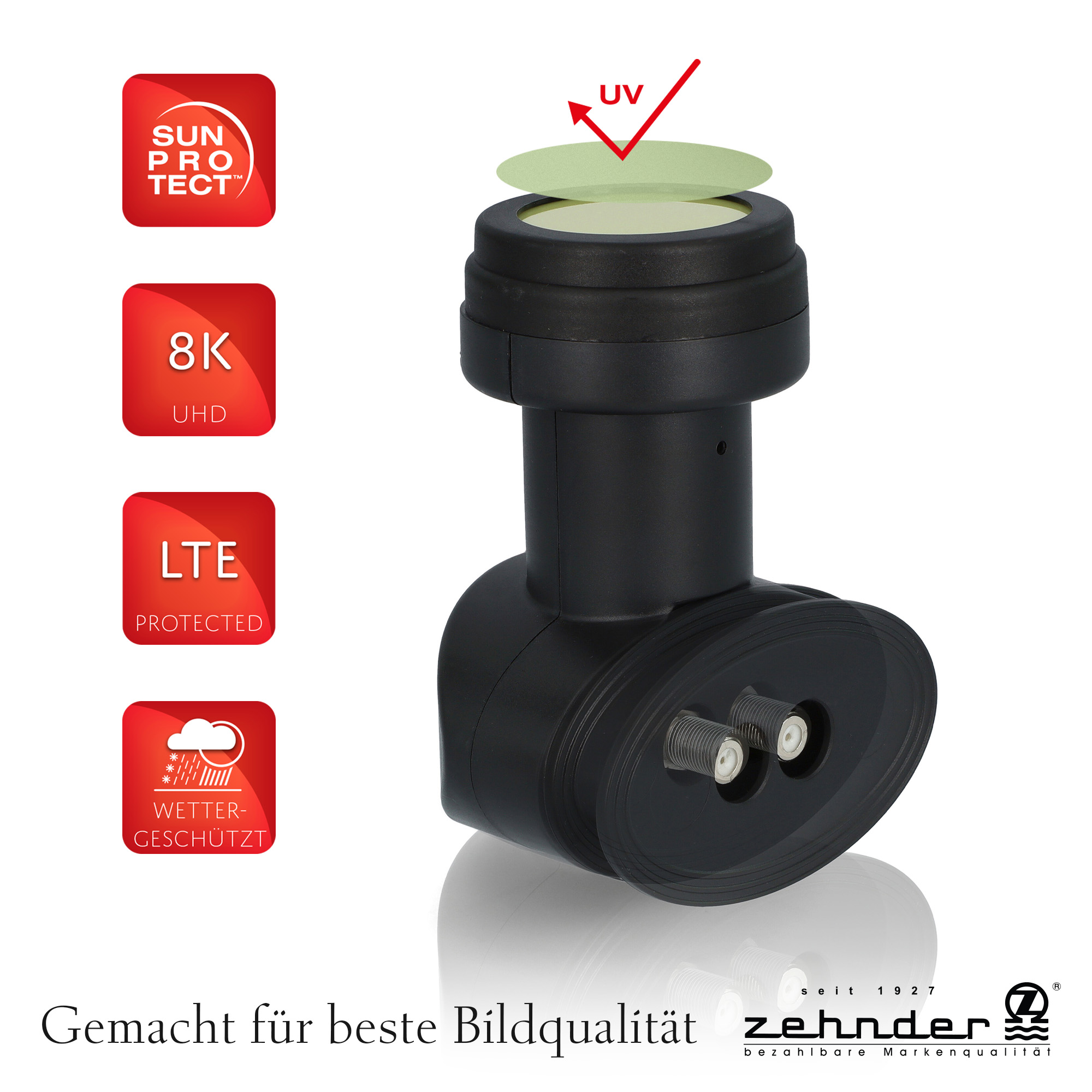 Schwarzes Satelliten-LNB mit grüner Schicht und Symbolen für den Schutz.