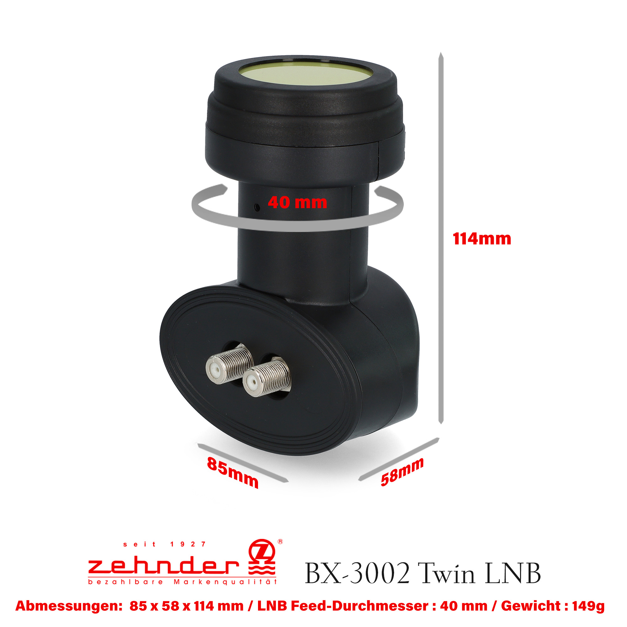 Ein schwarzer LNB mit zylindrischem Oberteil, zwei Anschlüssen und Abmessungen.